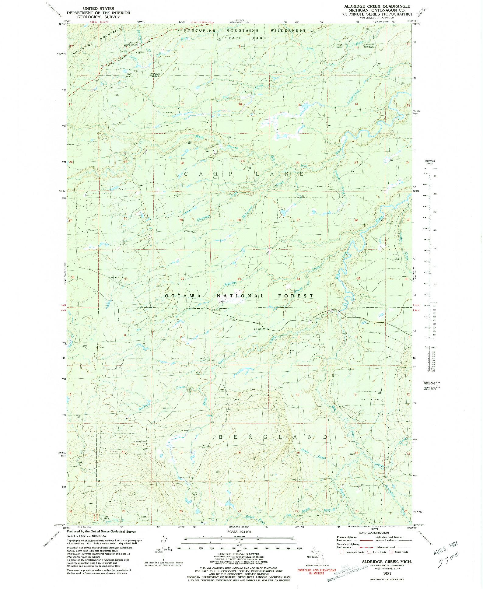 USGS 1:24000-SCALE QUADRANGLE FOR ALDRIDGE CREEK, MI 1981