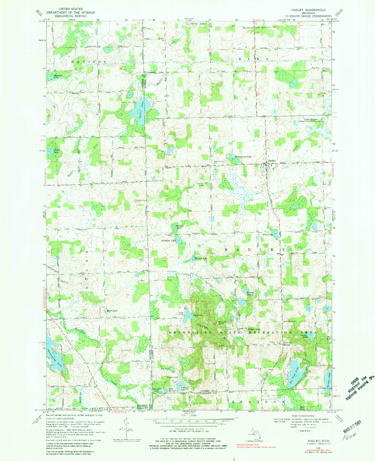 USGS 1:24000-SCALE QUADRANGLE FOR HADLEY, MI 1968