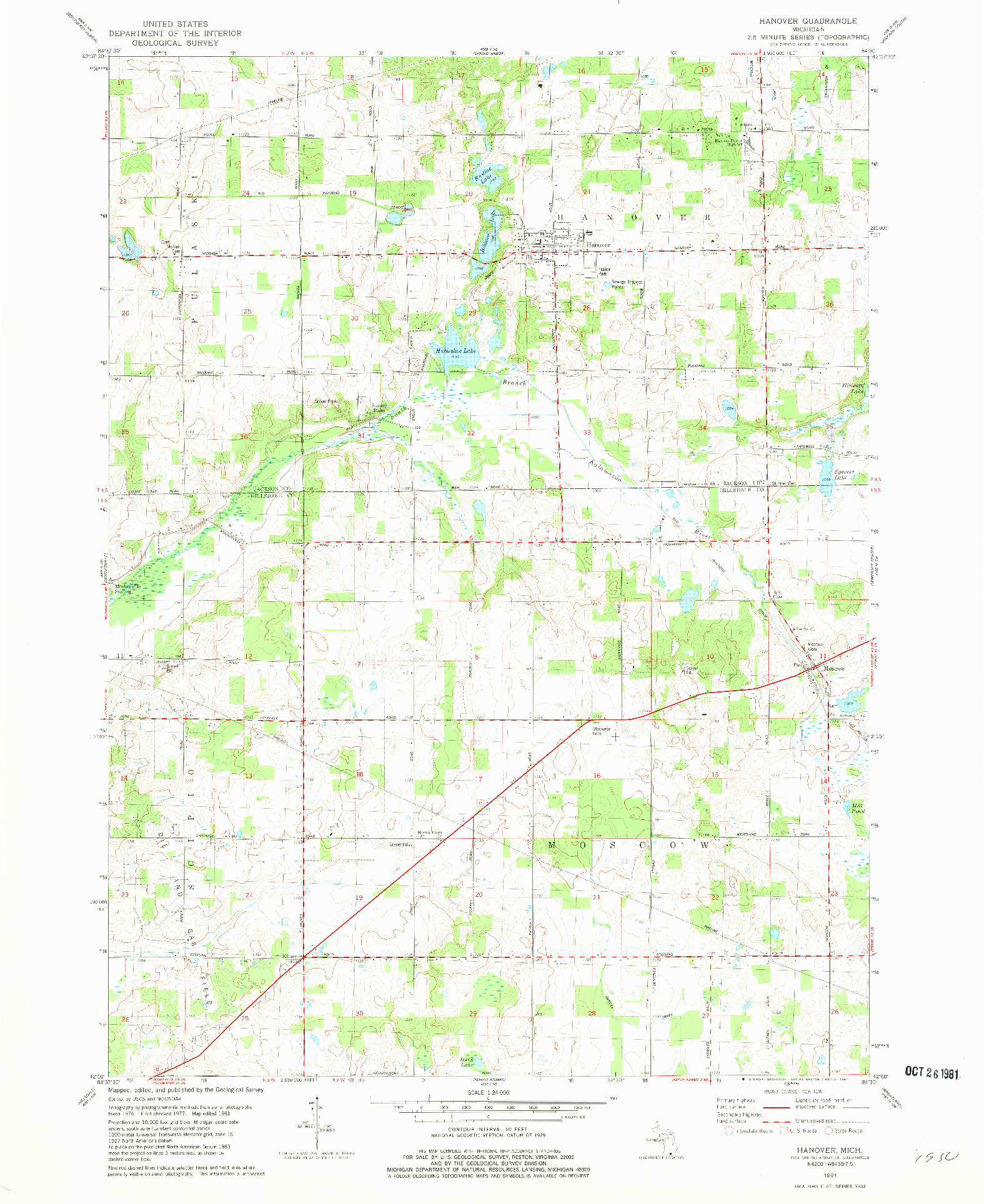 USGS 1:24000-SCALE QUADRANGLE FOR HANOVER, MI 1981