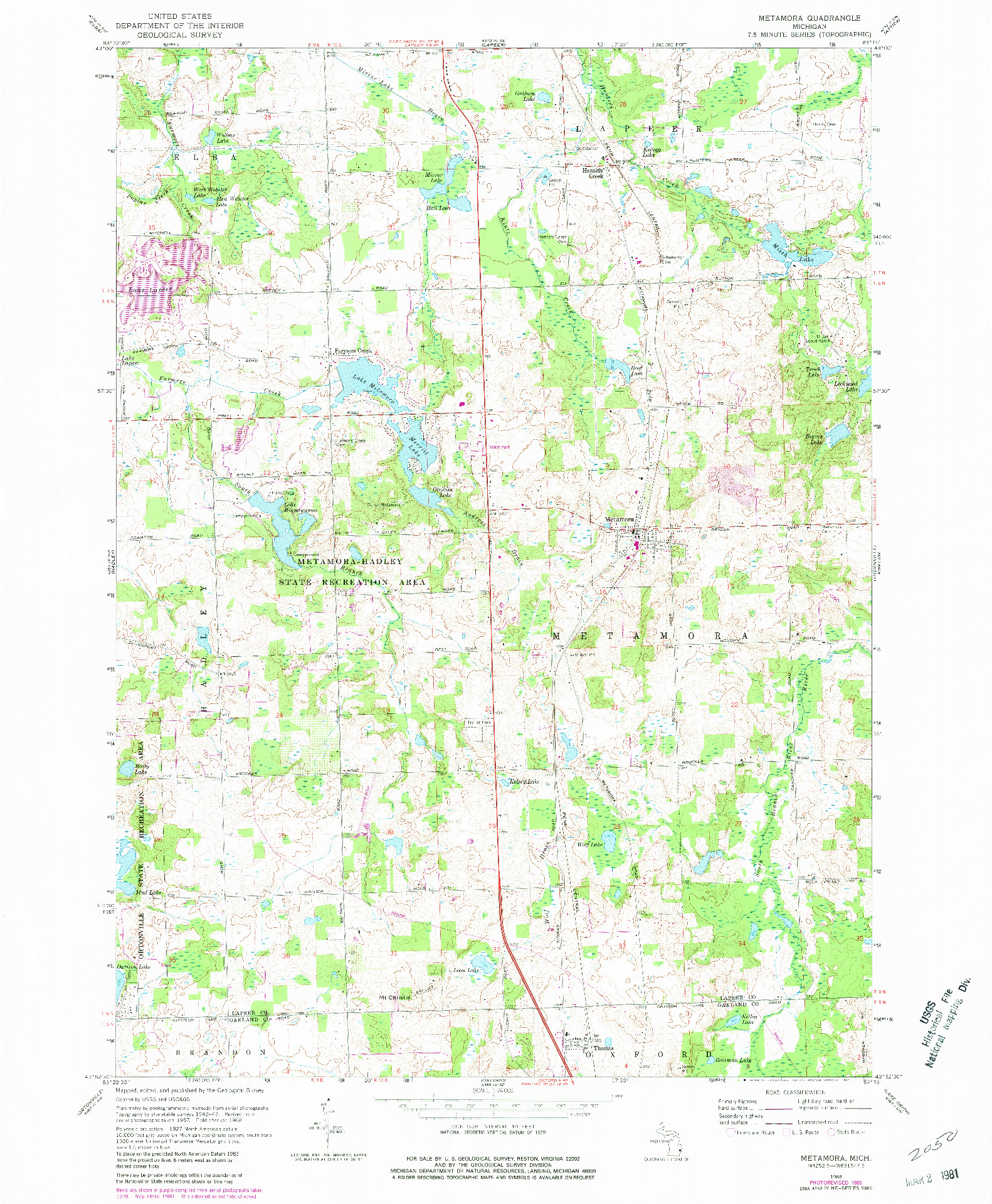 USGS 1:24000-SCALE QUADRANGLE FOR METAMORA, MI 1968