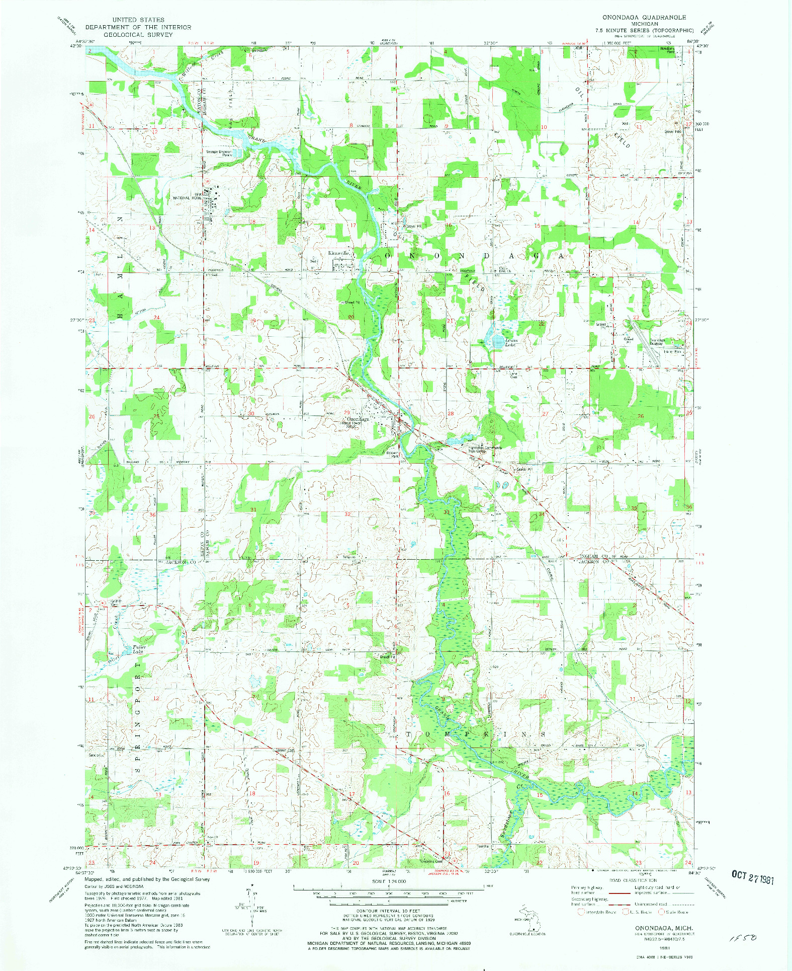 USGS 1:24000-SCALE QUADRANGLE FOR ONONDAGA, MI 1981