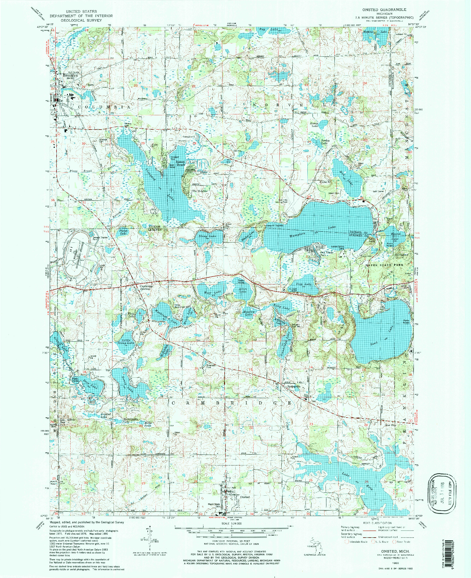 USGS 1:24000-SCALE QUADRANGLE FOR ONSTED, MI 1980