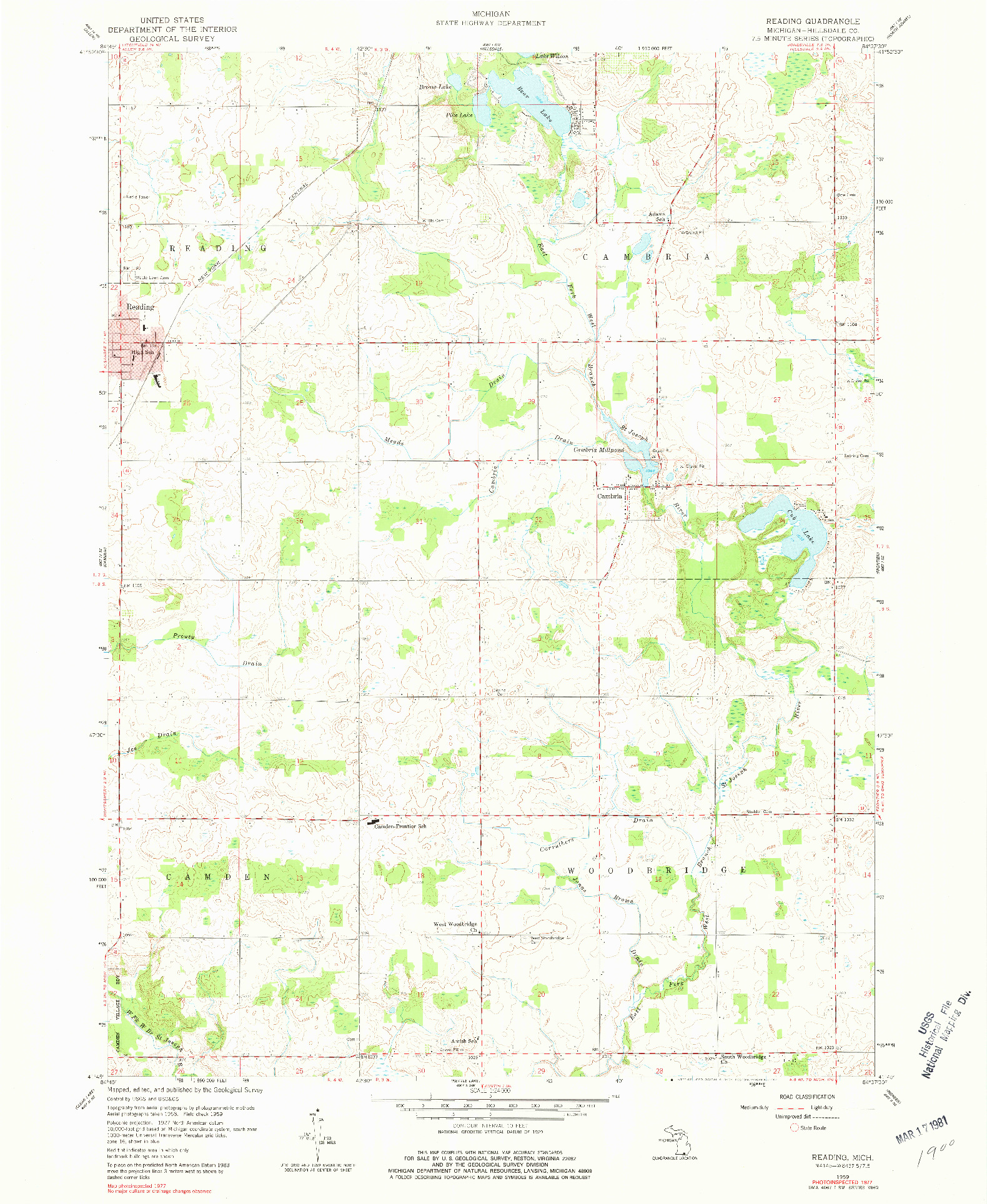 USGS 1:24000-SCALE QUADRANGLE FOR READING, MI 1959