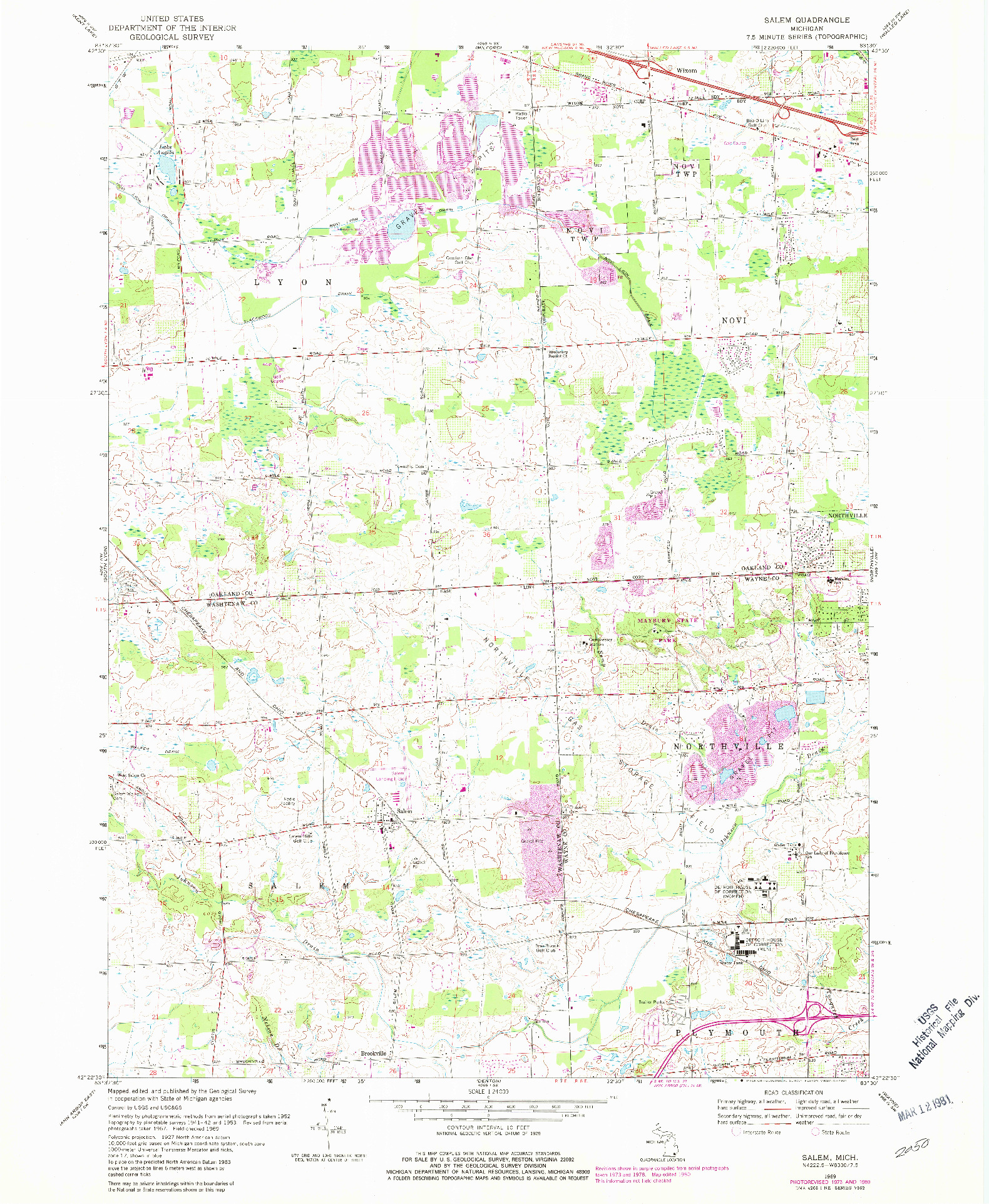 USGS 1:24000-SCALE QUADRANGLE FOR SALEM, MI 1969