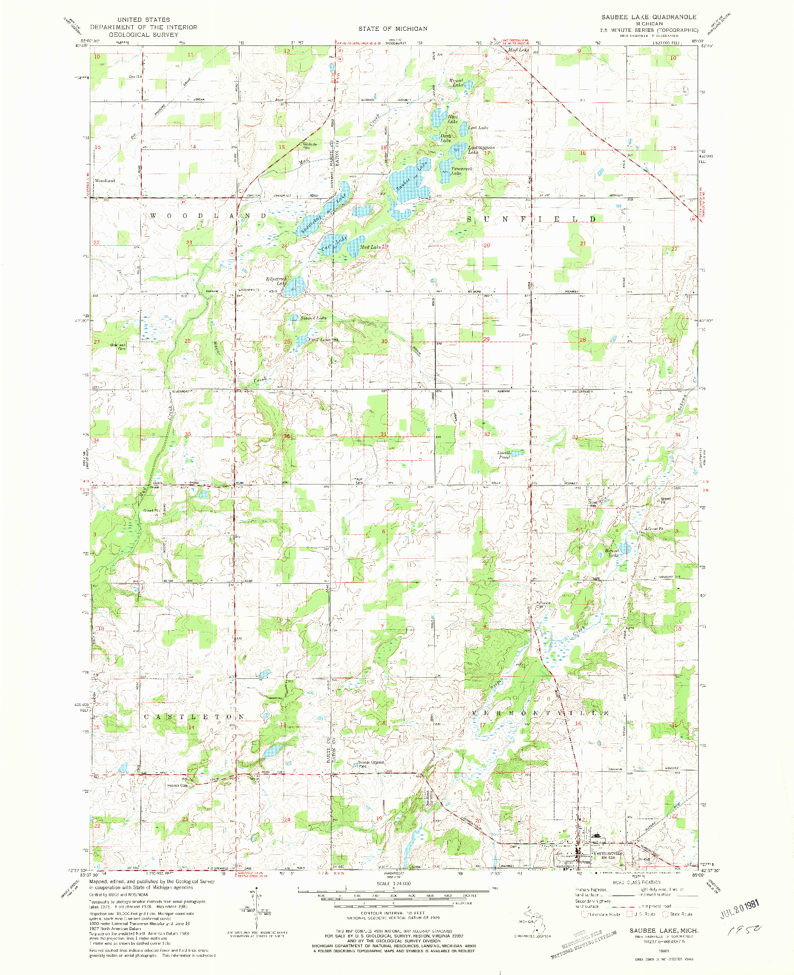 USGS 1:24000-SCALE QUADRANGLE FOR SAUBEE LAKE, MI 1981