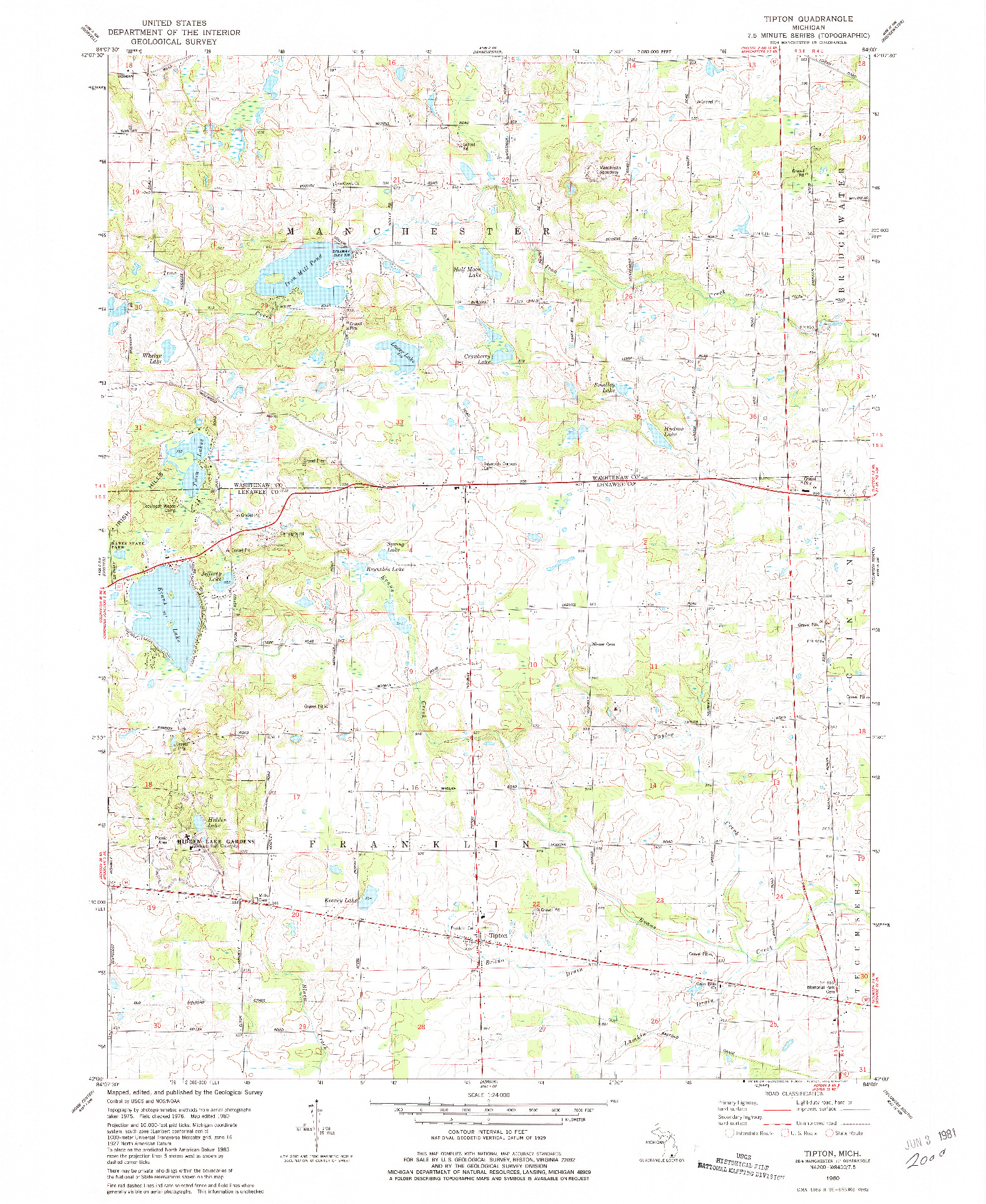 USGS 1:24000-SCALE QUADRANGLE FOR TIPTON, MI 1980