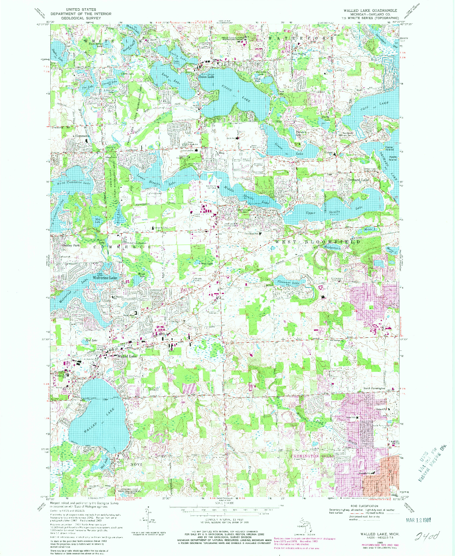 USGS 1:24000-SCALE QUADRANGLE FOR WALLED LAKE, MI 1969