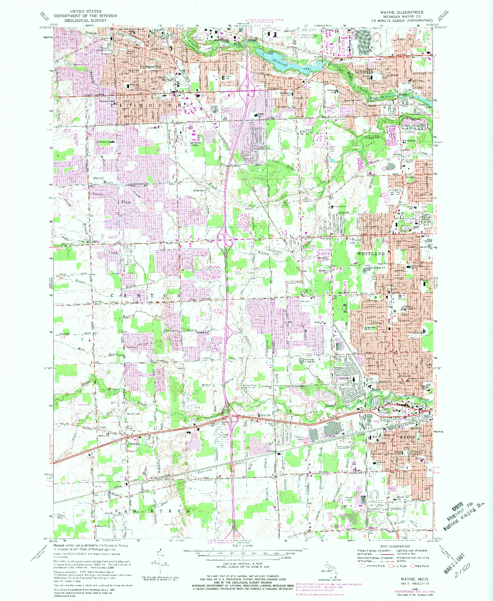 USGS 1:24000-SCALE QUADRANGLE FOR WAYNE, MI 1968