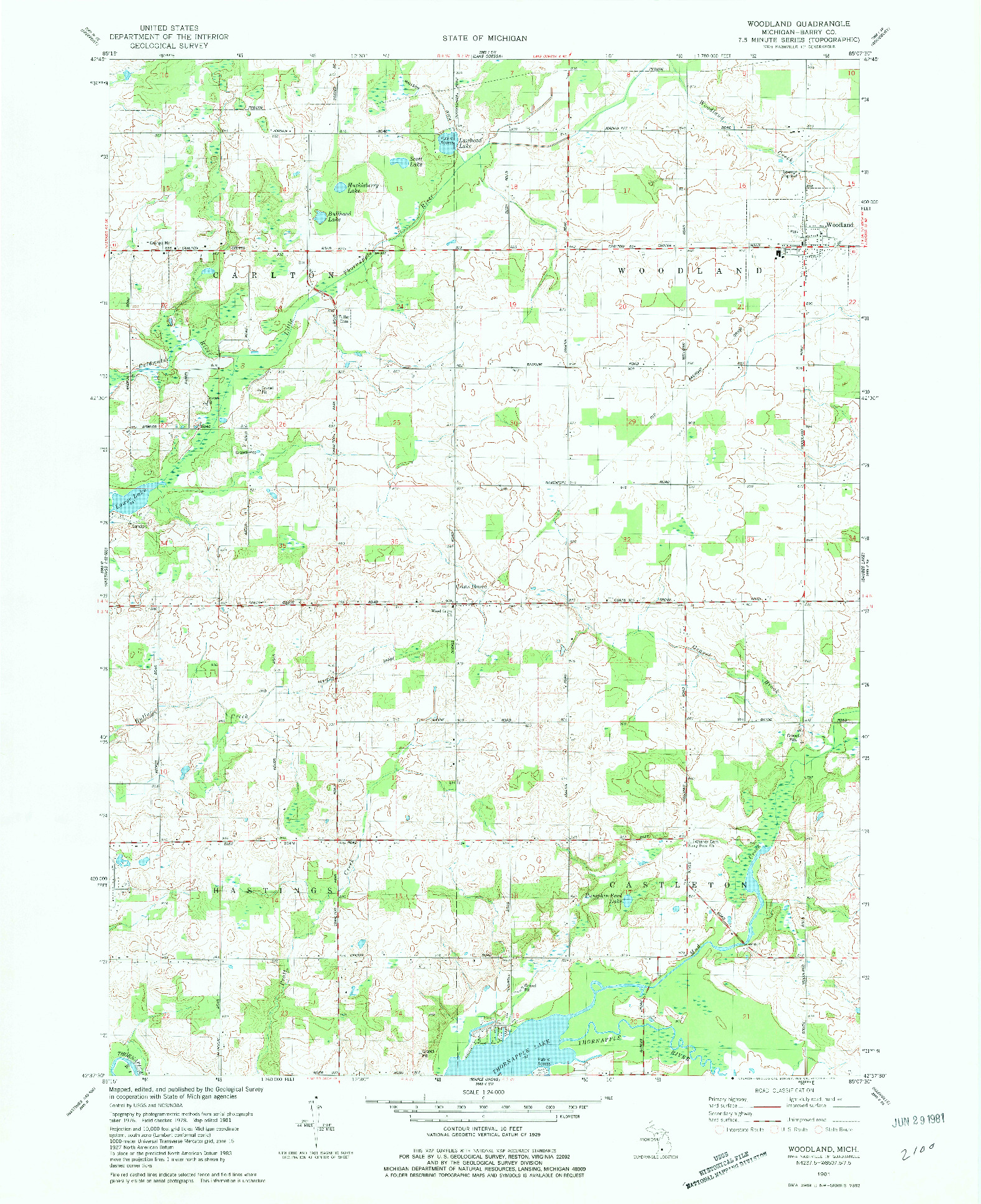 USGS 1:24000-SCALE QUADRANGLE FOR WOODLAND, MI 1981