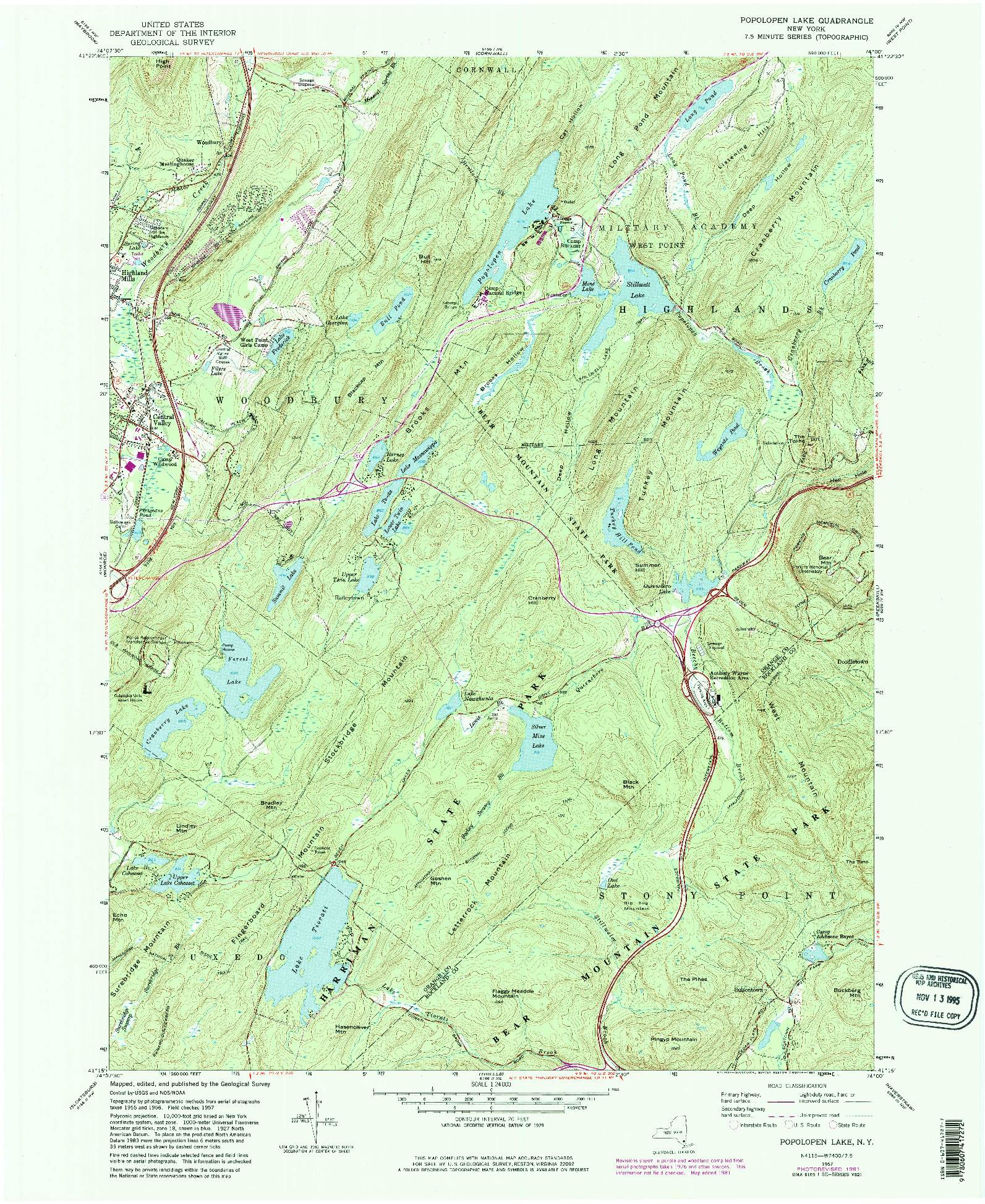 USGS 1:24000-SCALE QUADRANGLE FOR POPOLOPEN LAKE, NY 1957