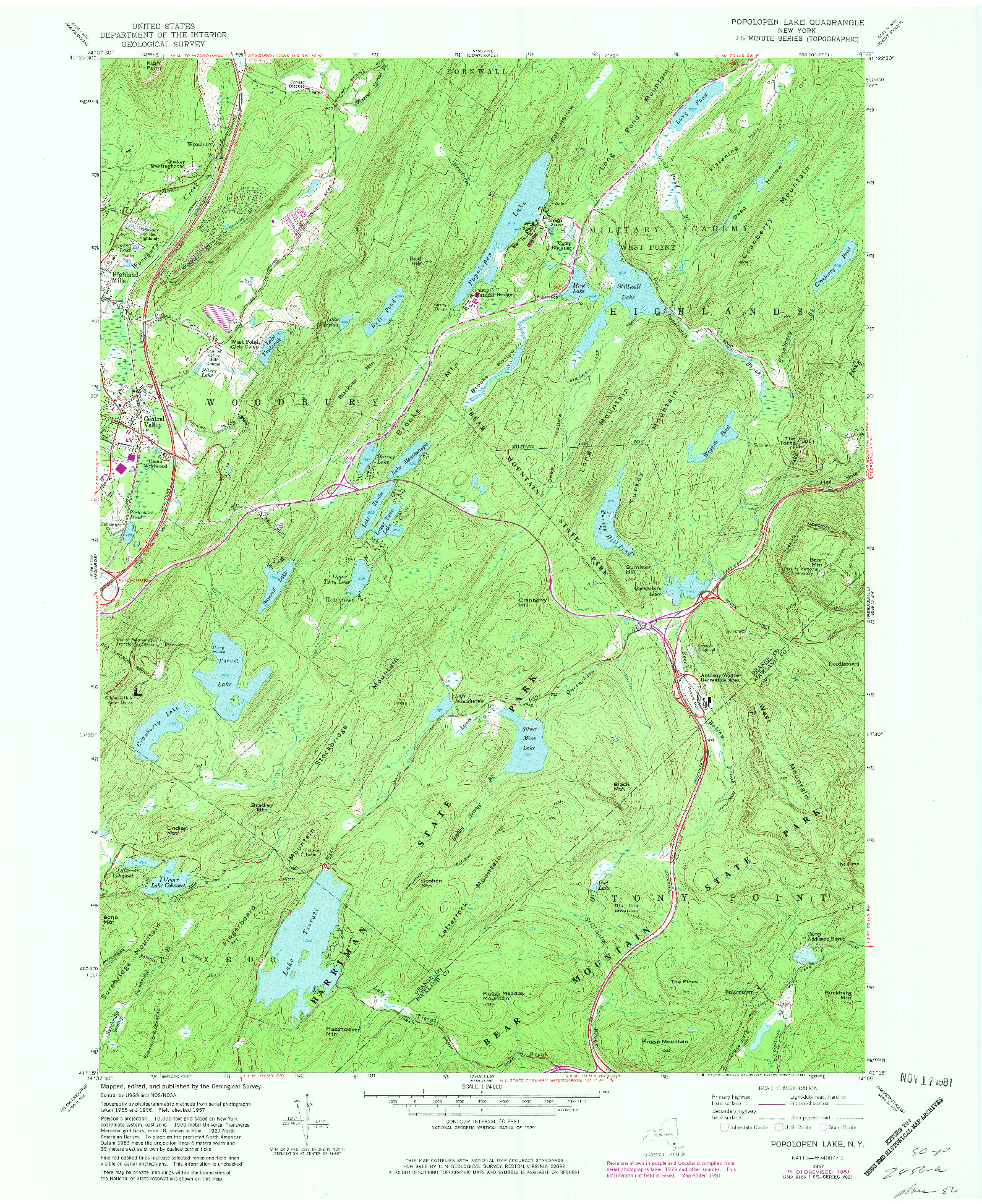 USGS 1:24000-SCALE QUADRANGLE FOR POPOLOPEN LAKE, NY 1957