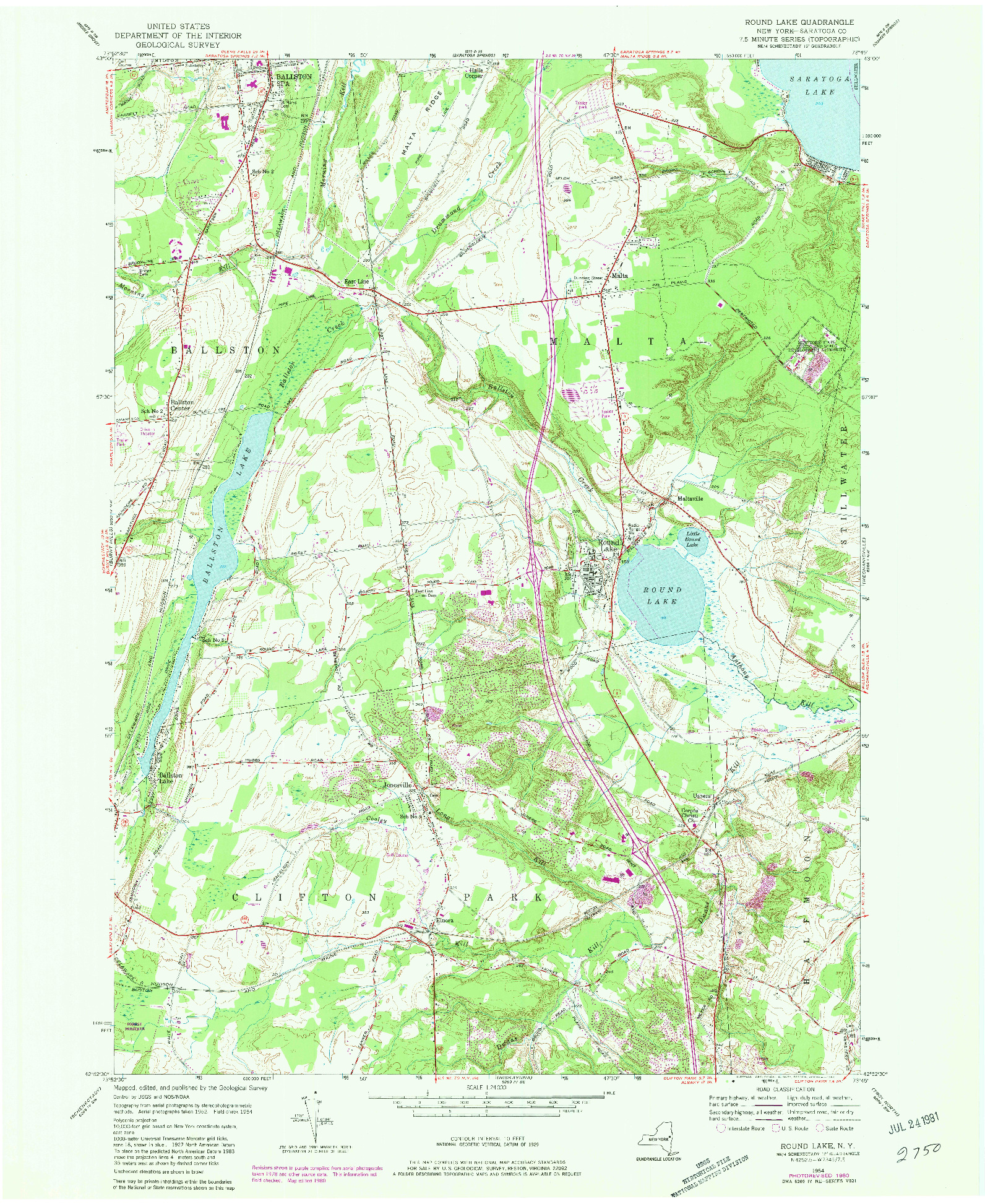 USGS 1:24000-SCALE QUADRANGLE FOR ROUND LAKE, NY 1954