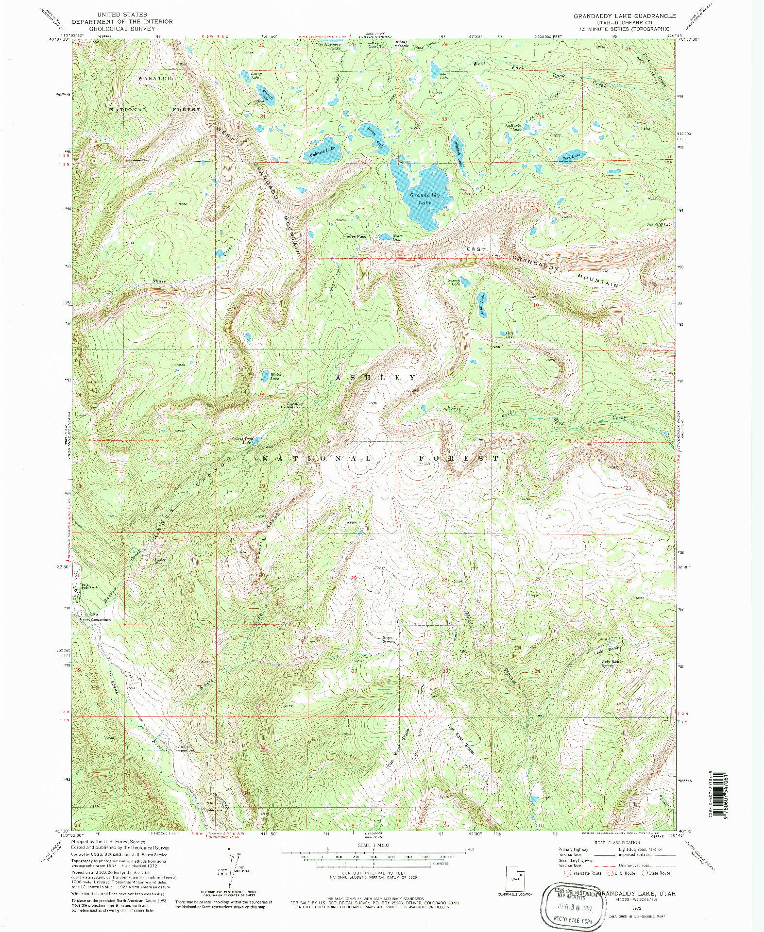 USGS 1:24000-SCALE QUADRANGLE FOR GRANDADDY LAKE, UT 1972