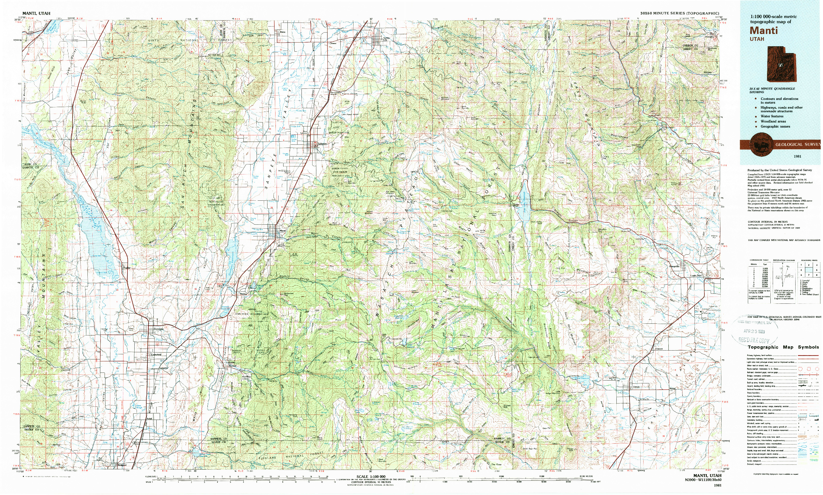 USGS 1:100000-SCALE QUADRANGLE FOR MANTI, UT 1981