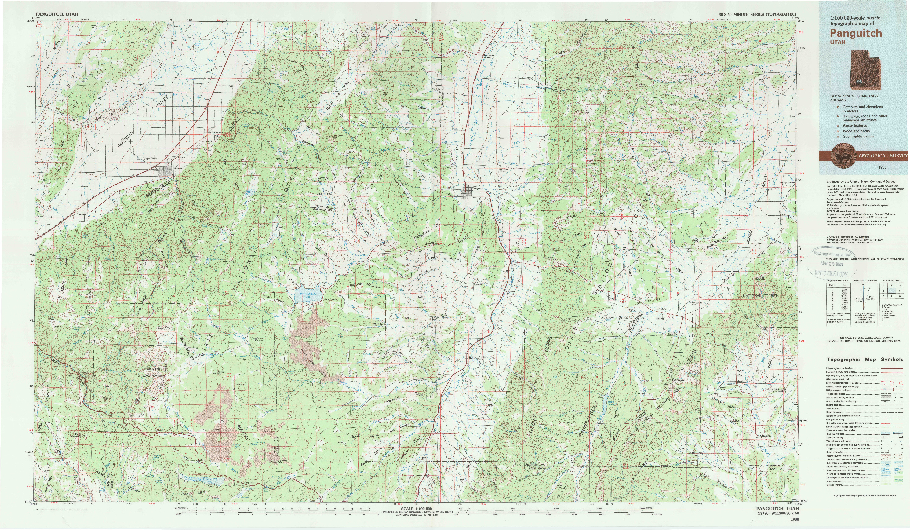 USGS 1:100000-SCALE QUADRANGLE FOR PANGUITCH, UT 1980