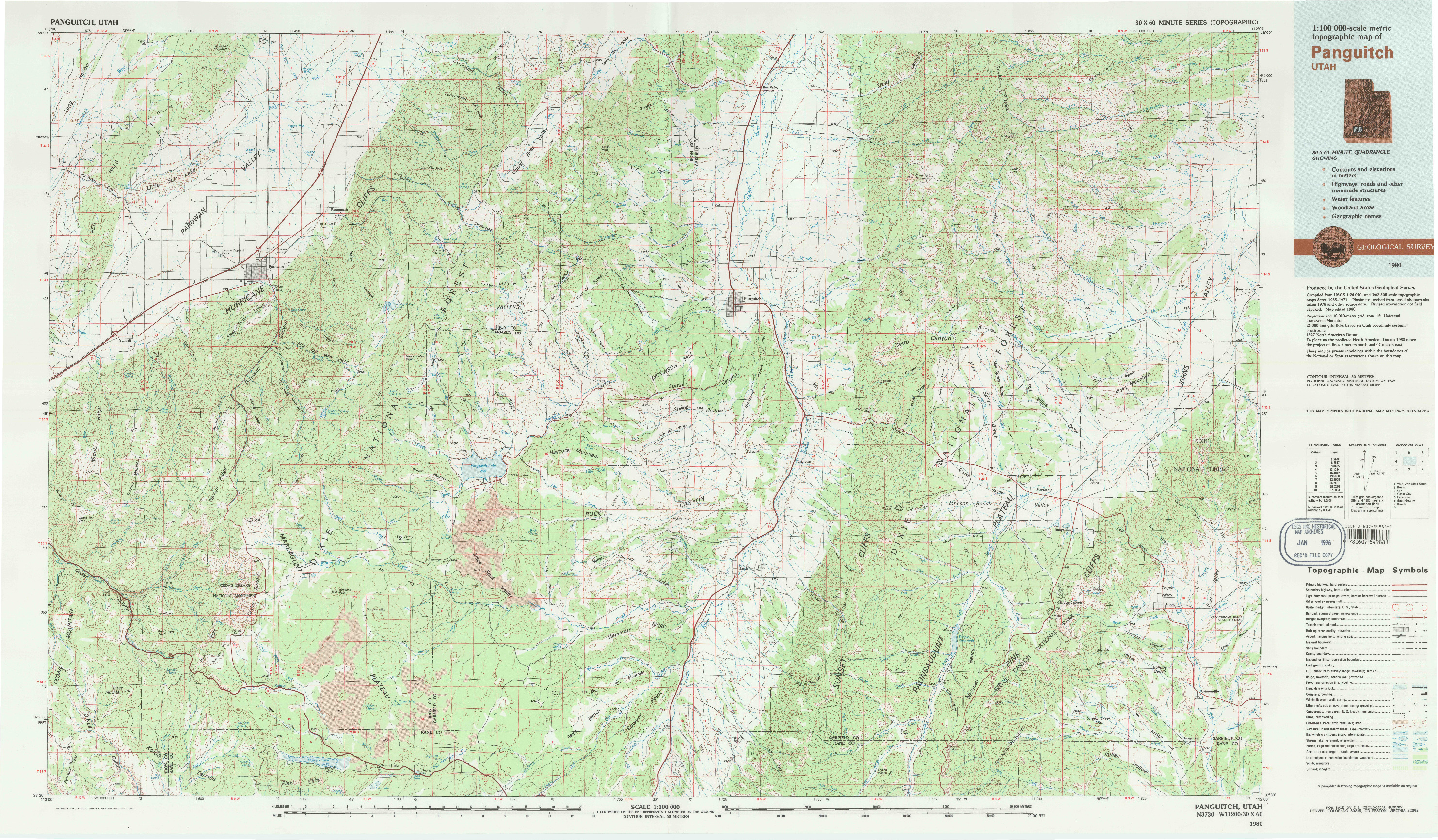 USGS 1:100000-SCALE QUADRANGLE FOR PANGUITCH, UT 1980