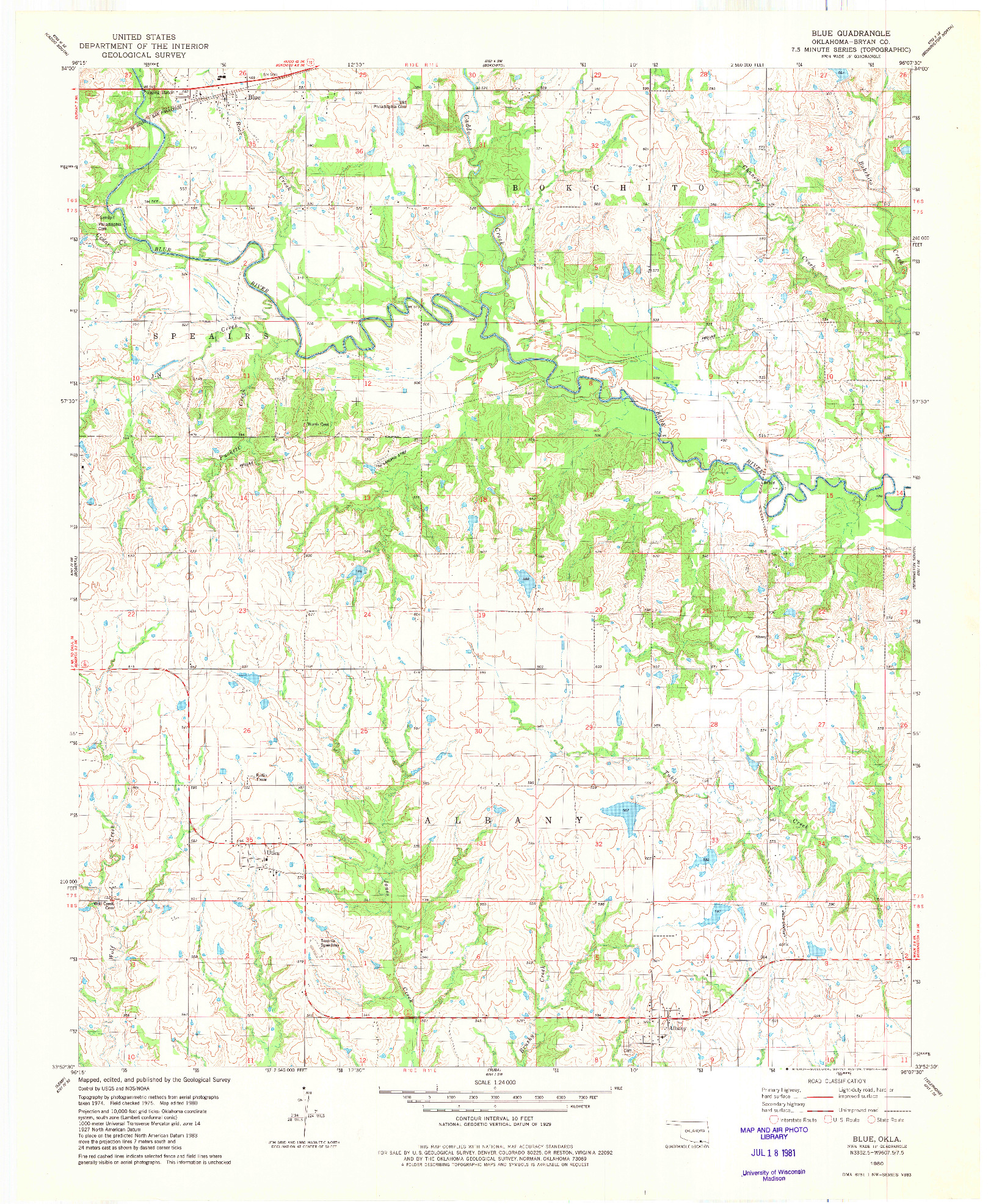 USGS 1:24000-SCALE QUADRANGLE FOR BLUE, OK 1980