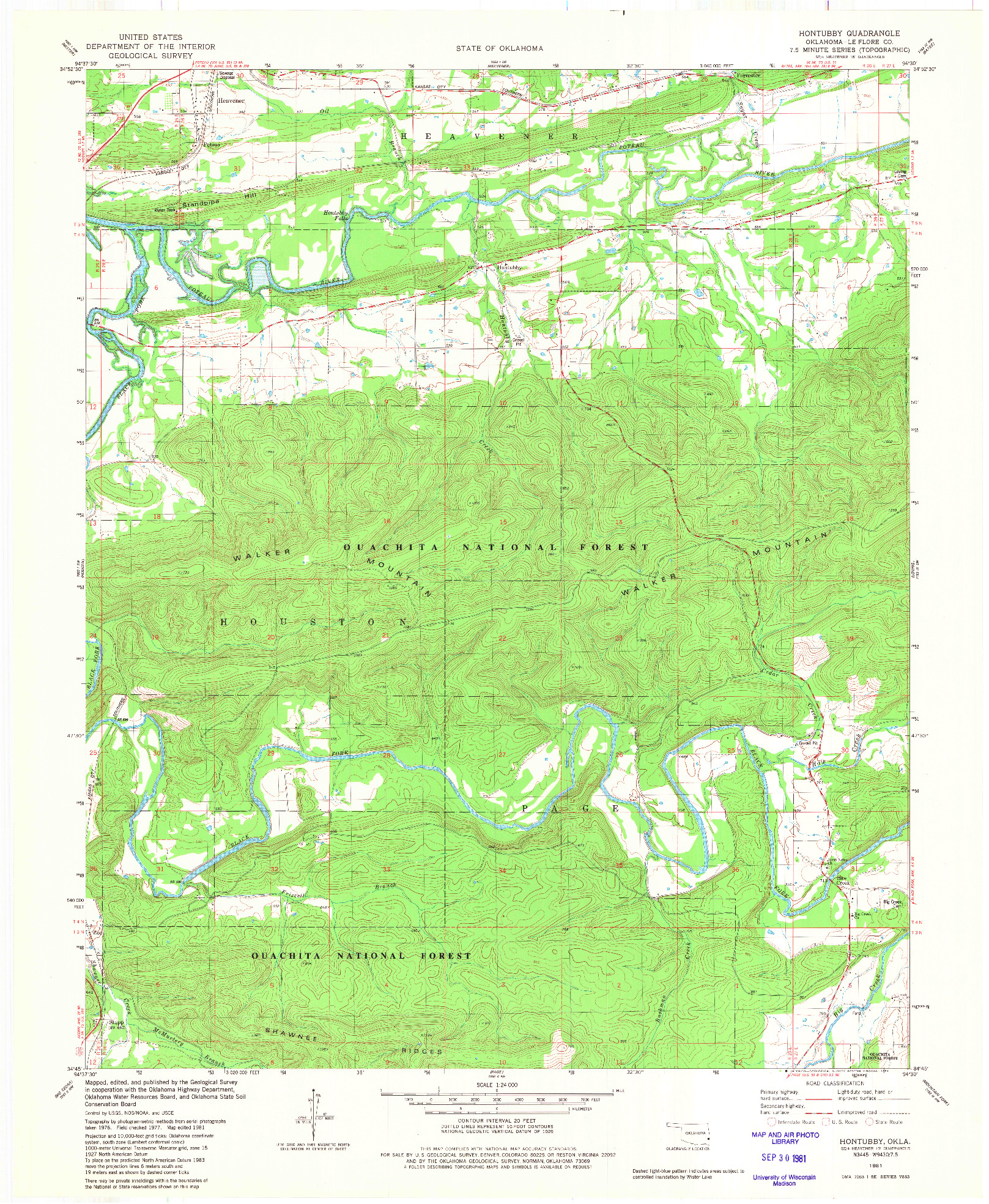 USGS 1:24000-SCALE QUADRANGLE FOR HONTUBBY, OK 1981