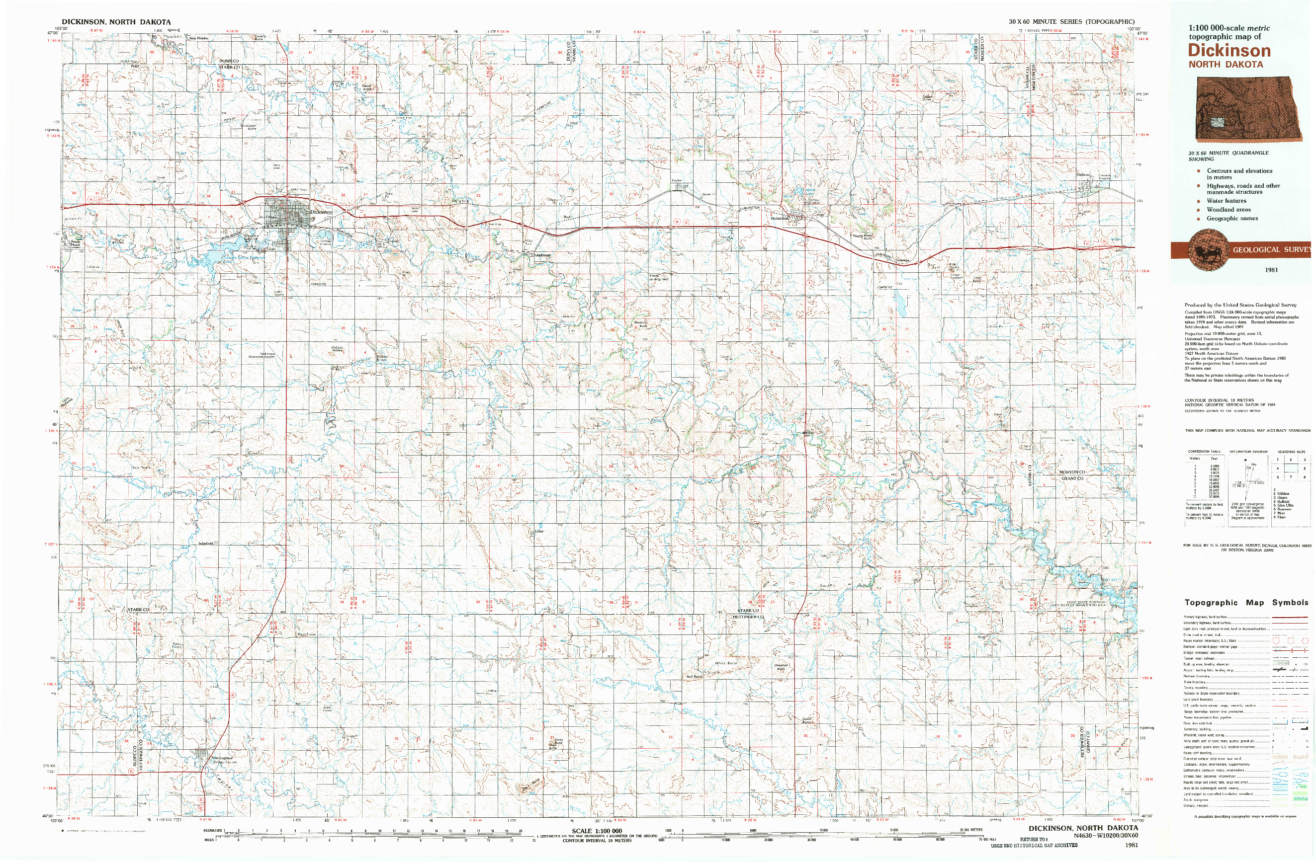 USGS 1:100000-SCALE QUADRANGLE FOR DICKINSON, ND 1981