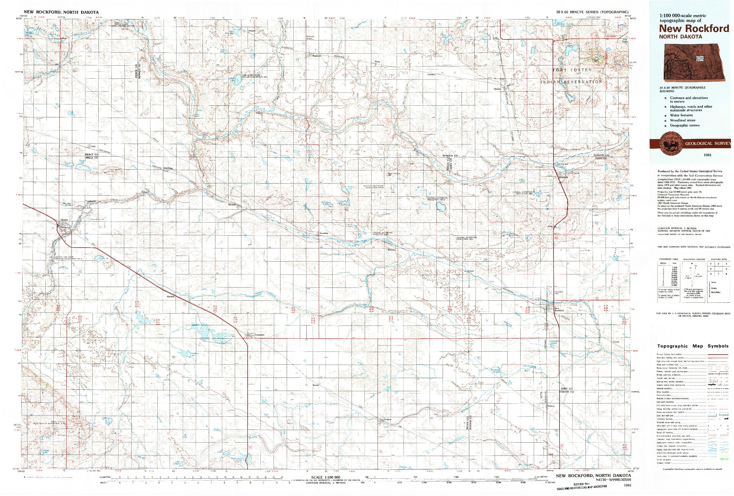 USGS 1:100000-SCALE QUADRANGLE FOR NEW ROCKFORD, ND 1981