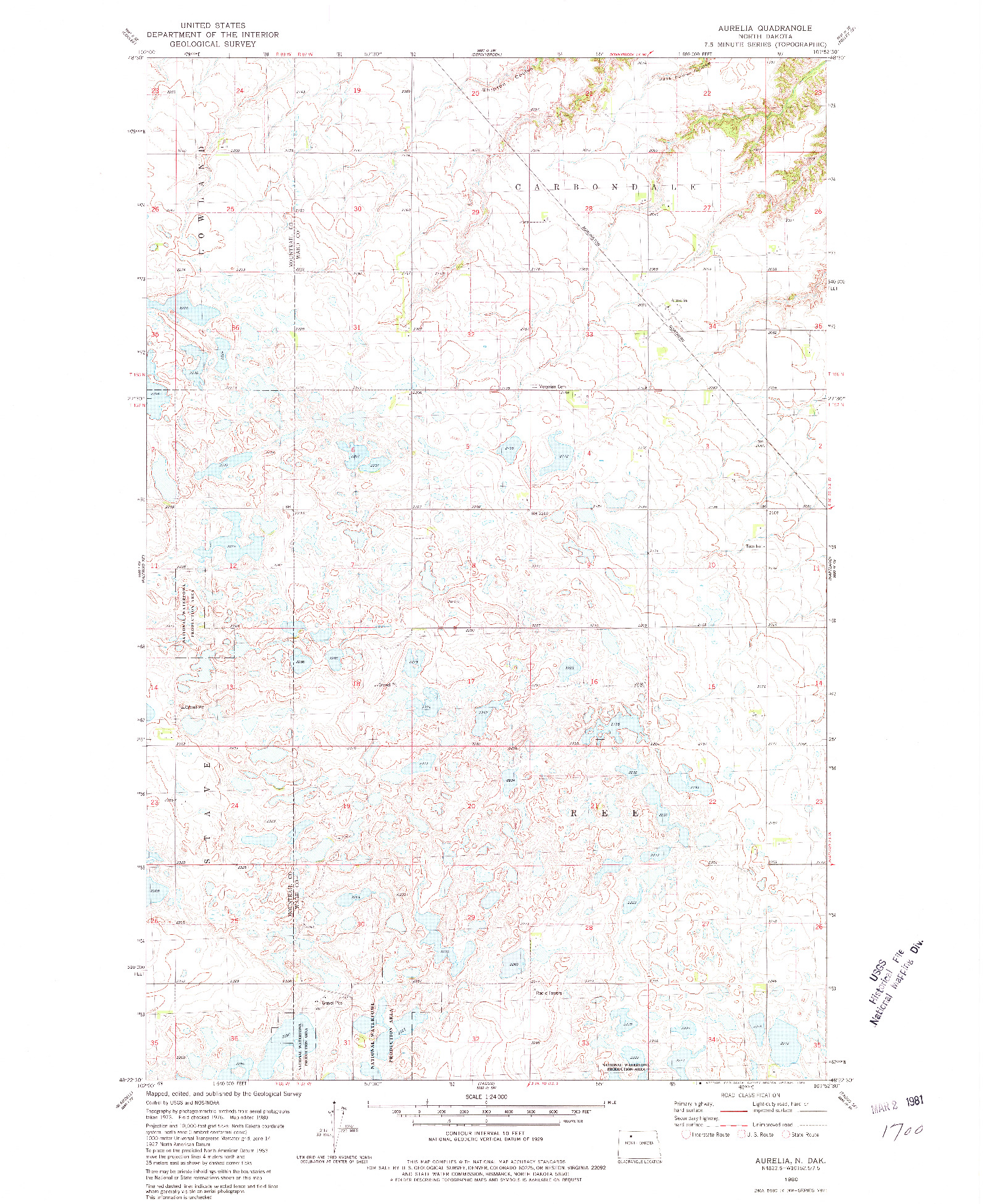 USGS 1:24000-SCALE QUADRANGLE FOR AURELIA, ND 1980