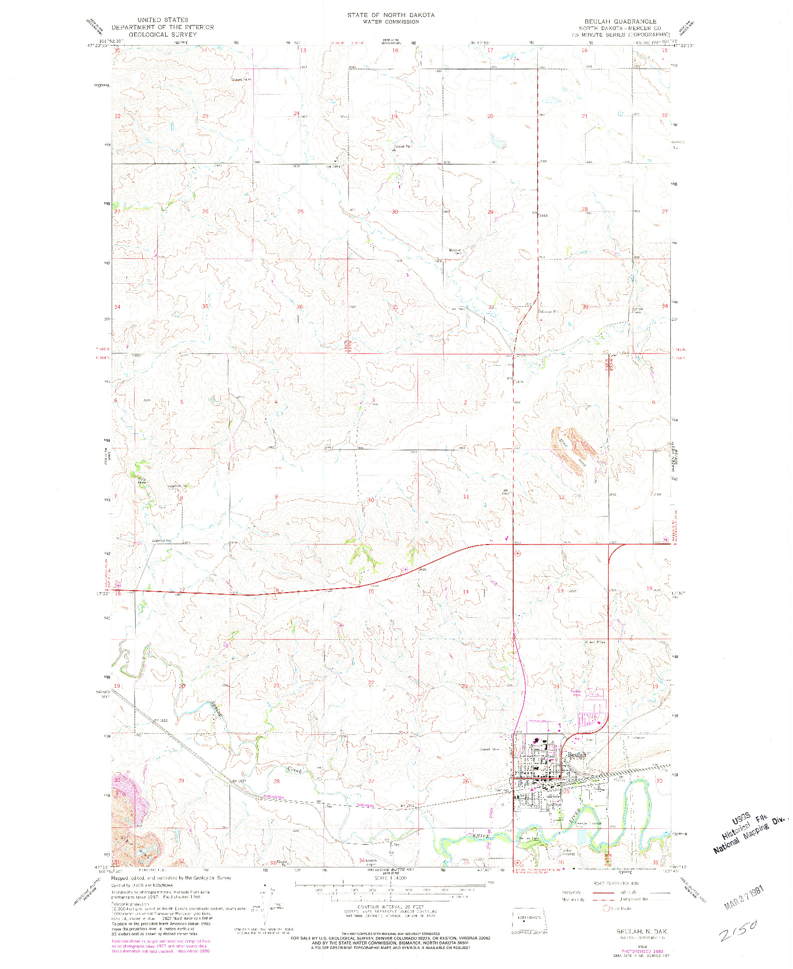 USGS 1:24000-SCALE QUADRANGLE FOR BEULAH, ND 1968