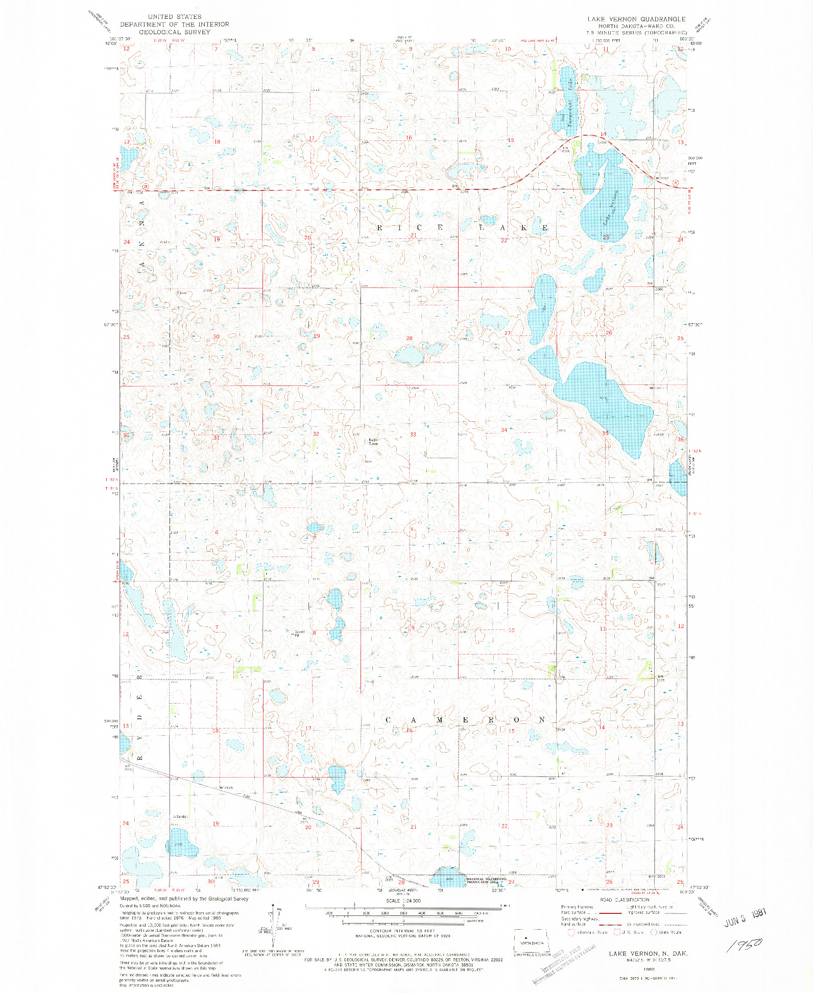 USGS 1:24000-SCALE QUADRANGLE FOR LAKE VERNON, ND 1980