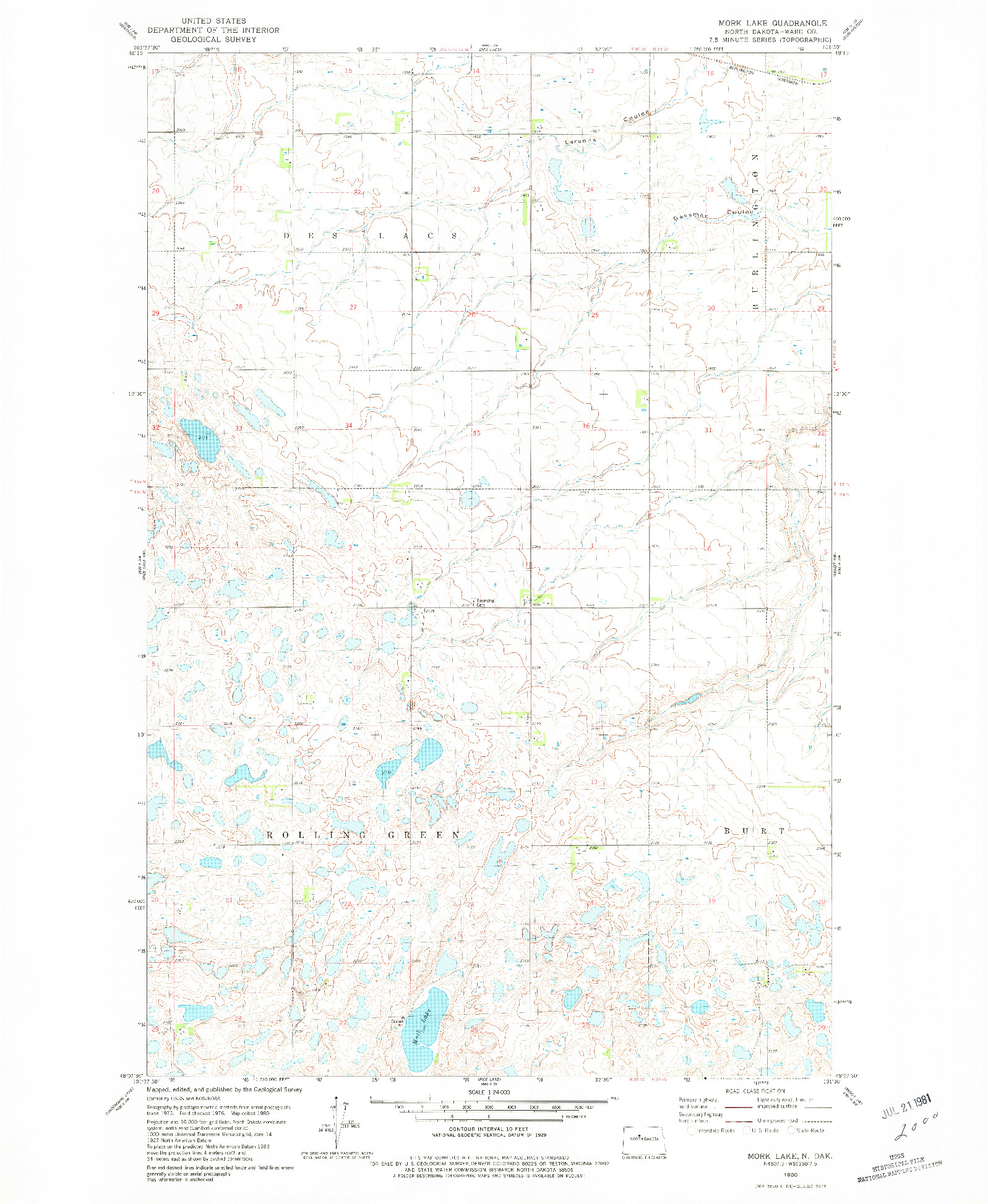 USGS 1:24000-SCALE QUADRANGLE FOR MORK LAKE, ND 1980