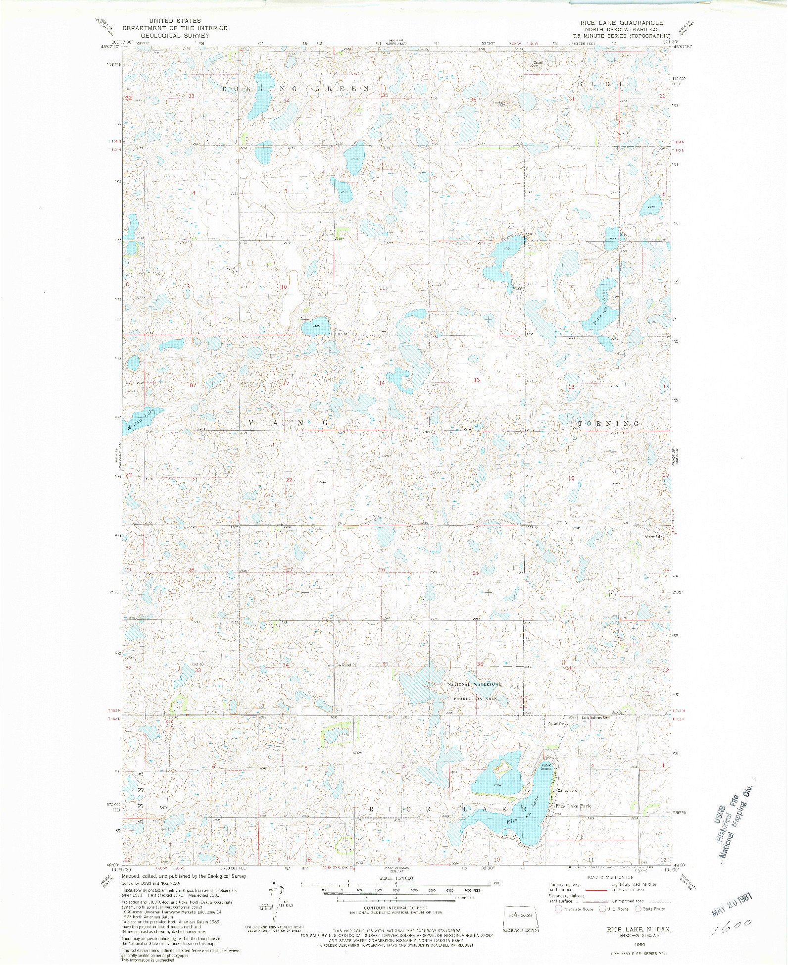 USGS 1:24000-SCALE QUADRANGLE FOR RICE LAKE, ND 1980