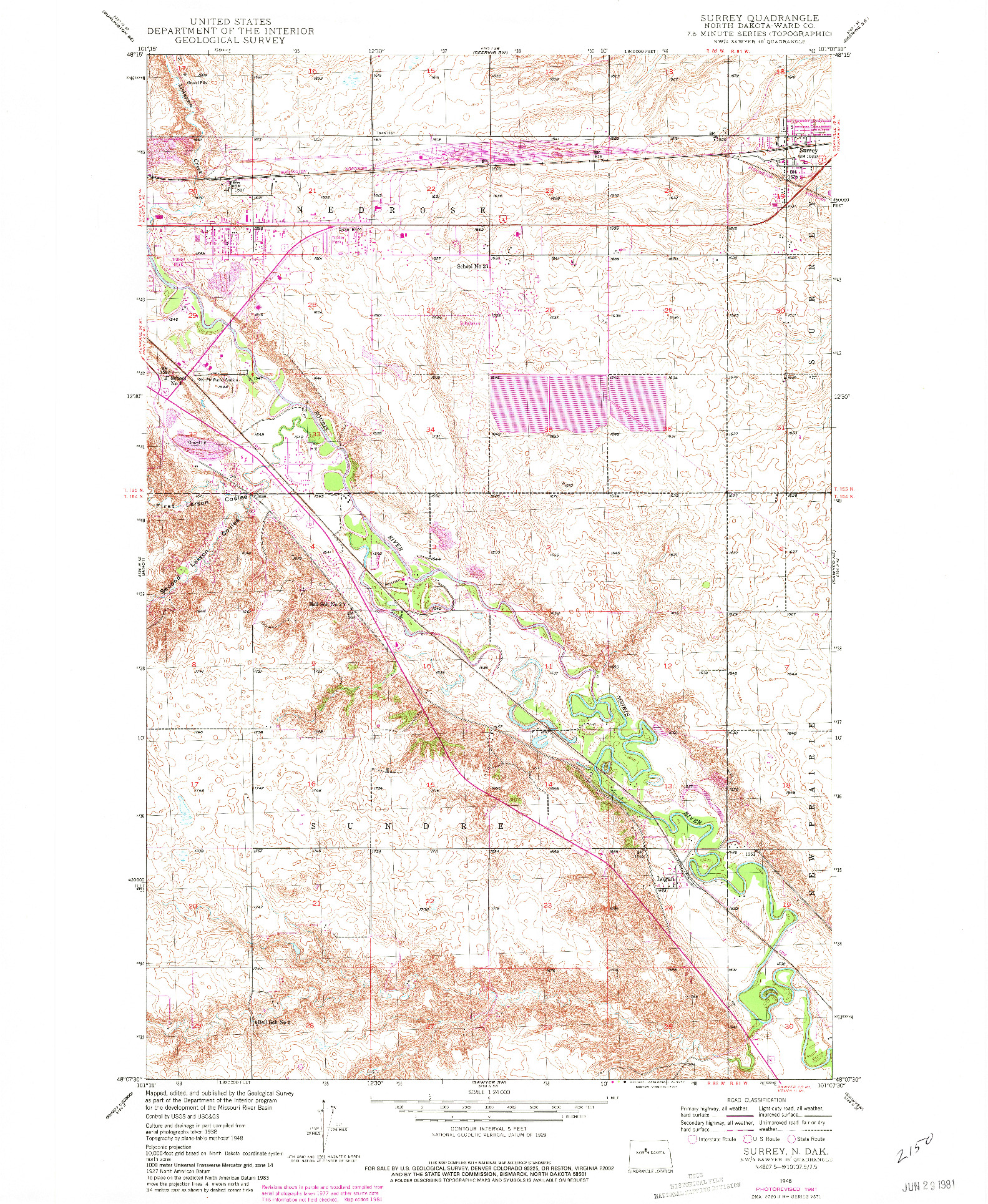 USGS 1:24000-SCALE QUADRANGLE FOR SURREY, ND 1948