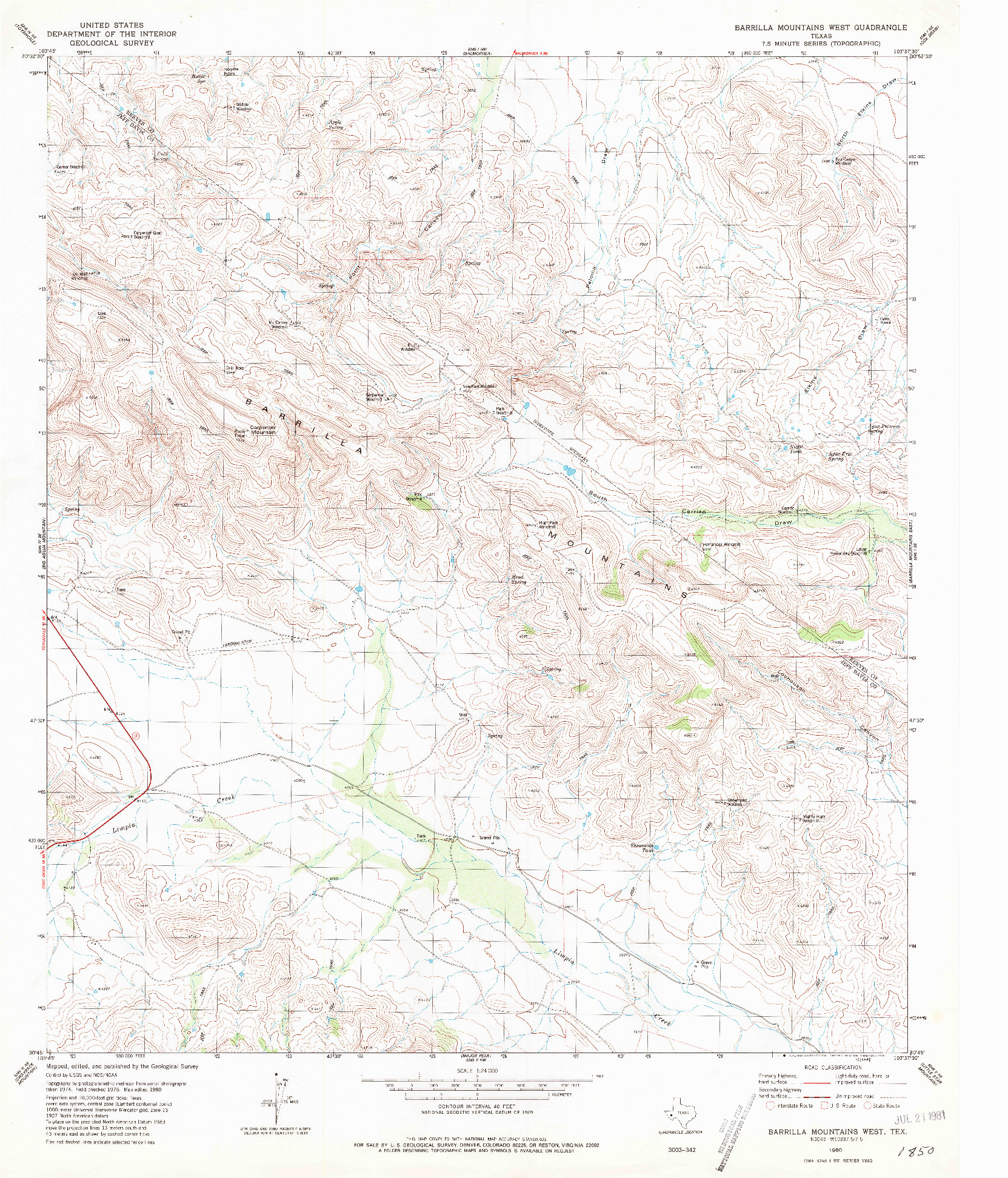 USGS 1:24000-SCALE QUADRANGLE FOR BARRILLA MOUNTAINS WEST, TX 1980
