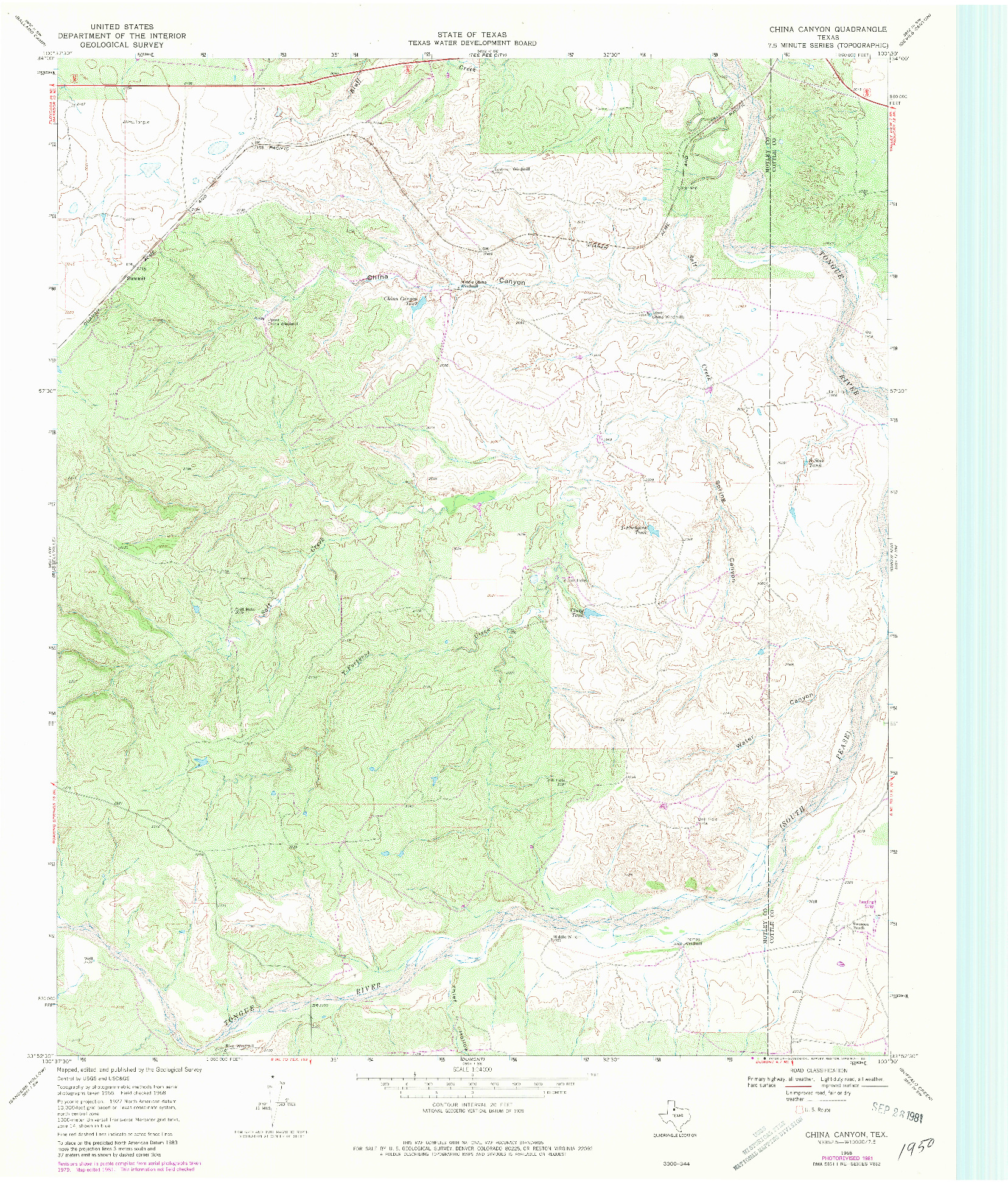 USGS 1:24000-SCALE QUADRANGLE FOR CHINA CANYON, TX 1968