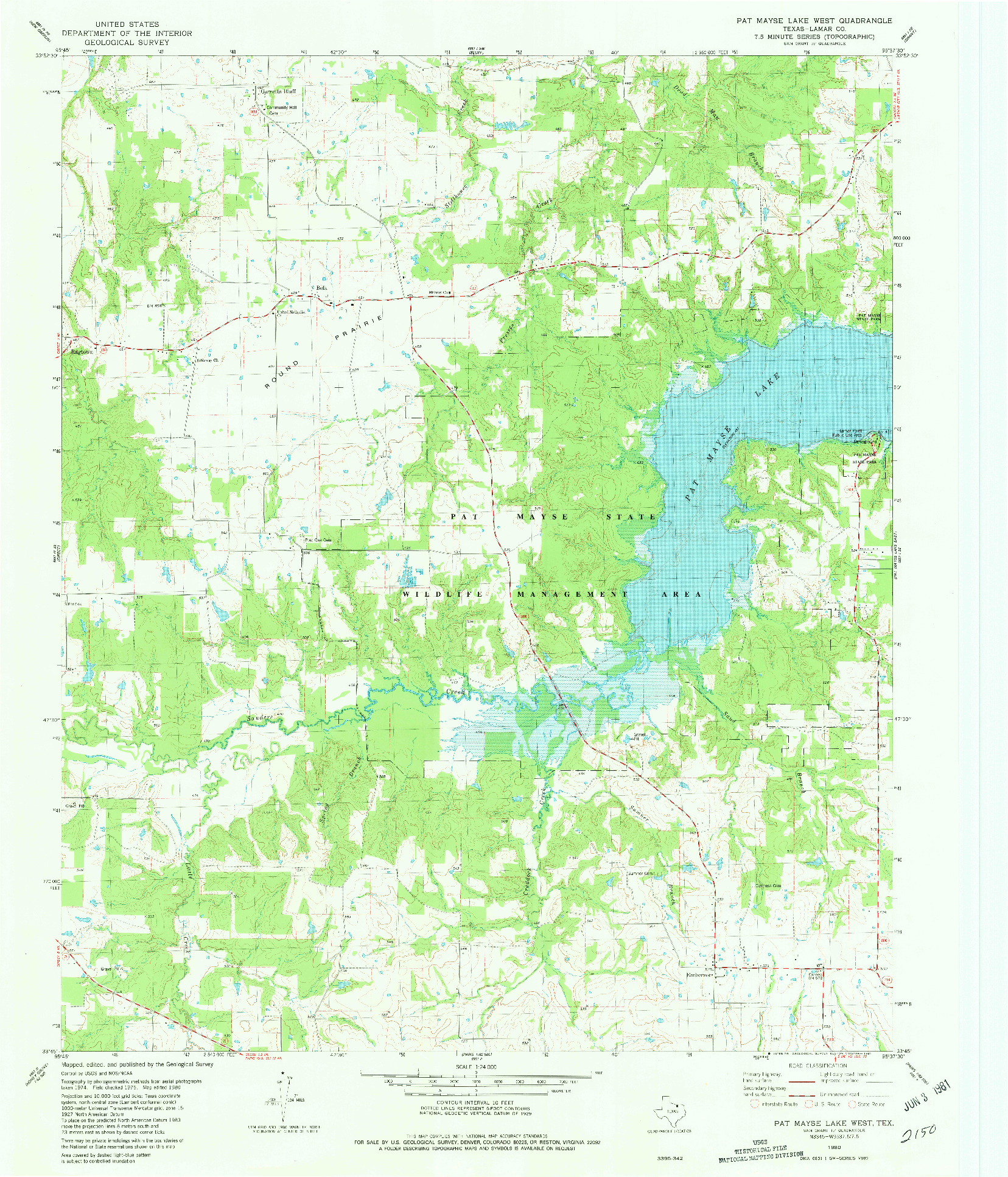 USGS 1:24000-SCALE QUADRANGLE FOR PAT MAYSE LAKE WEST, TX 1980