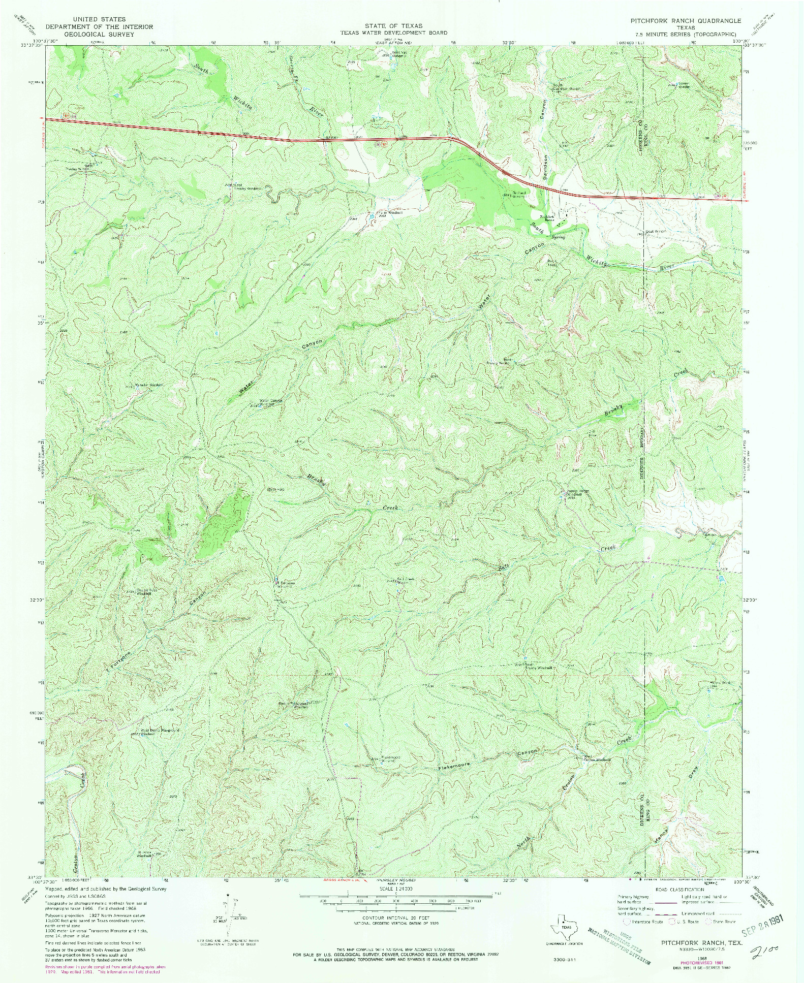 USGS 1:24000-SCALE QUADRANGLE FOR PITCHFORK RANCH, TX 1968