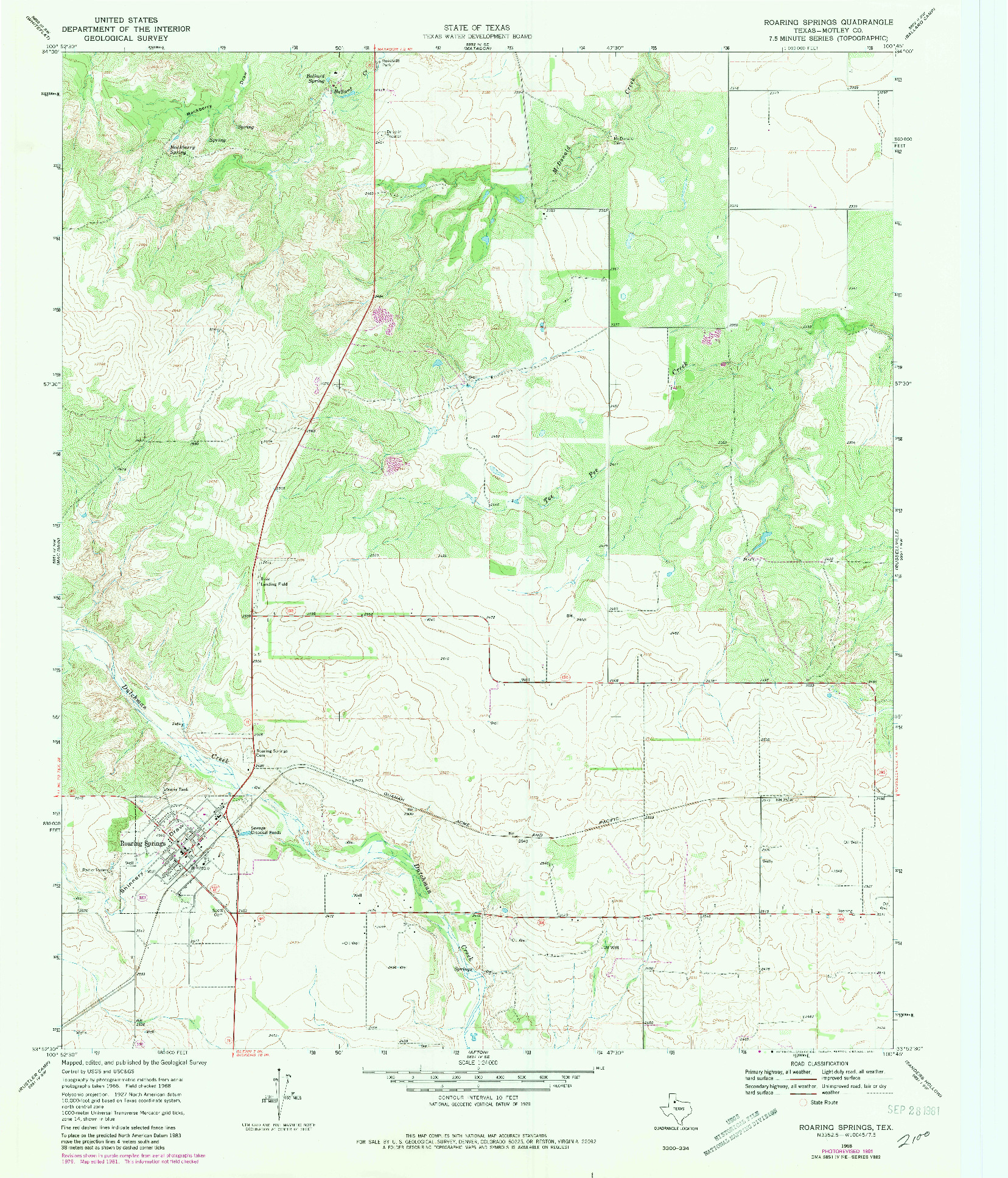 USGS 1:24000-SCALE QUADRANGLE FOR ROARING SPRINGS, TX 1968