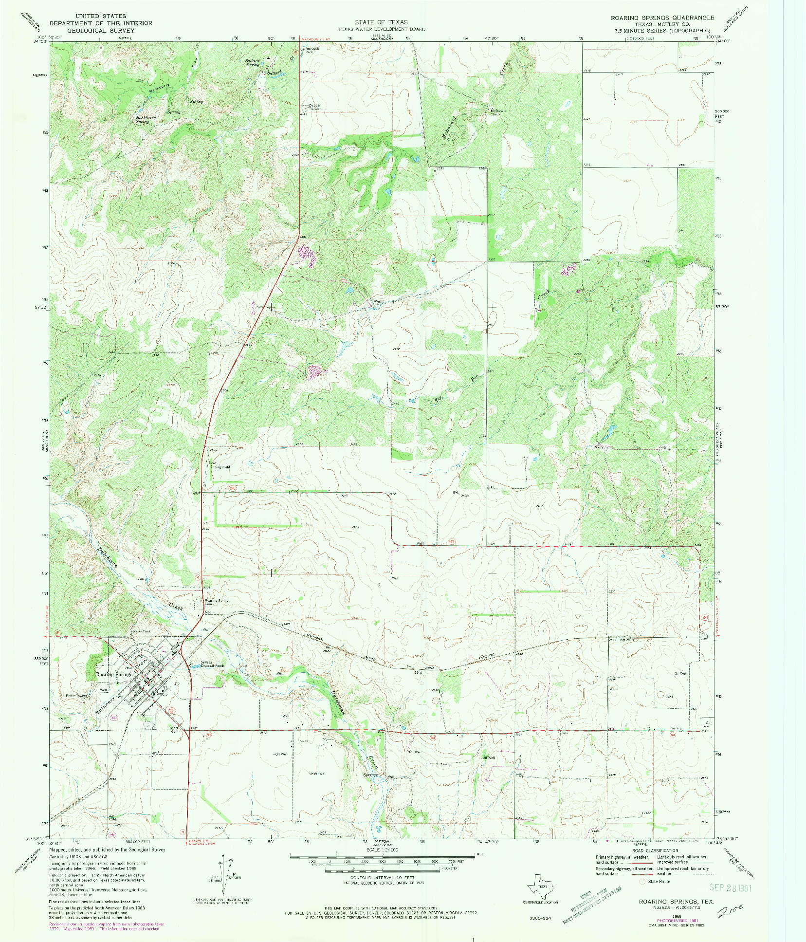 USGS 1:24000-SCALE QUADRANGLE FOR ROARING SPRINGS, TX 1968