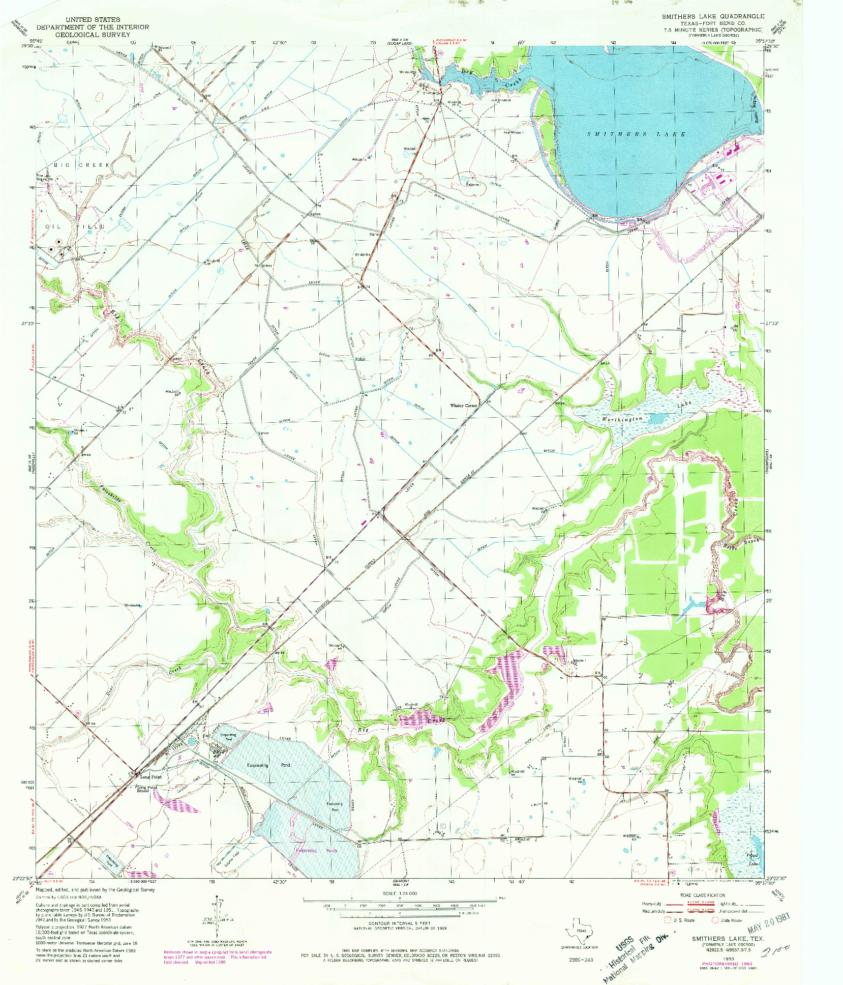 USGS 1:24000-SCALE QUADRANGLE FOR SMITHERS LAKE, TX 1953