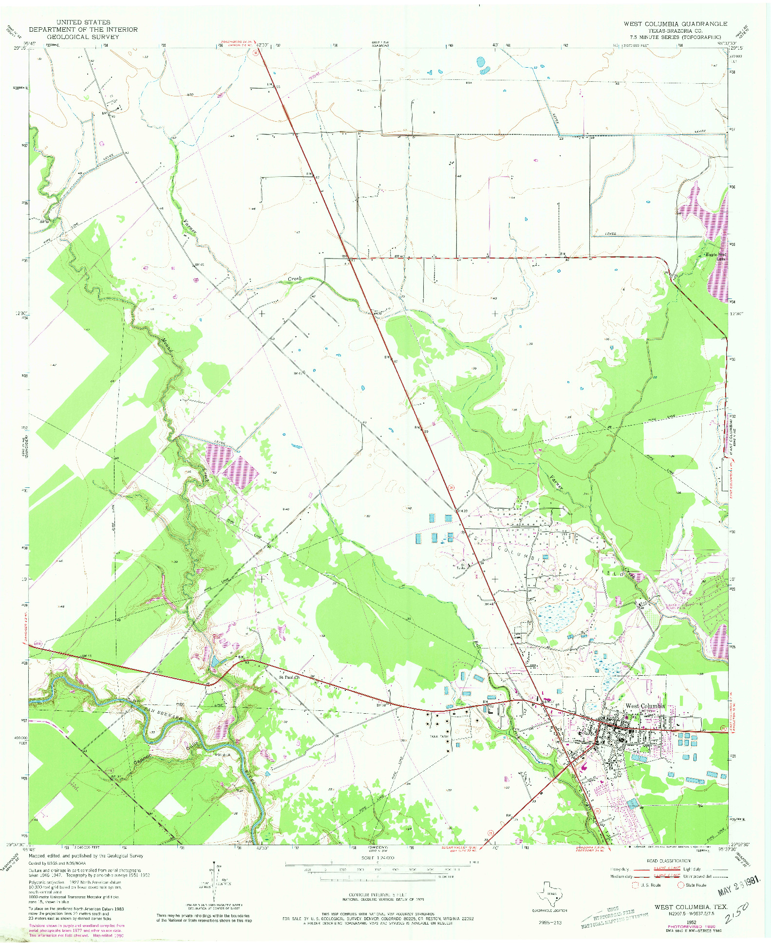 USGS 1:24000-SCALE QUADRANGLE FOR WEST COLUMBIA, TX 1952