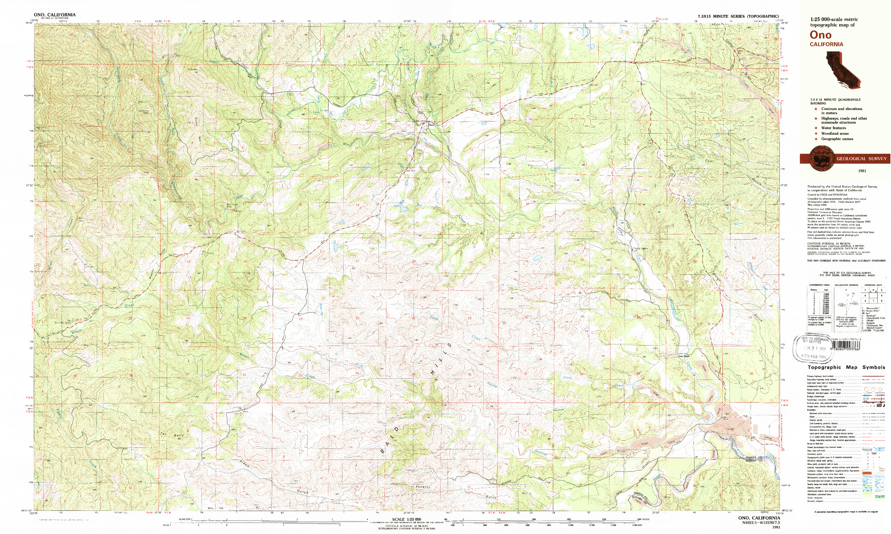 USGS 1:25000-SCALE QUADRANGLE FOR ONO, CA 1981