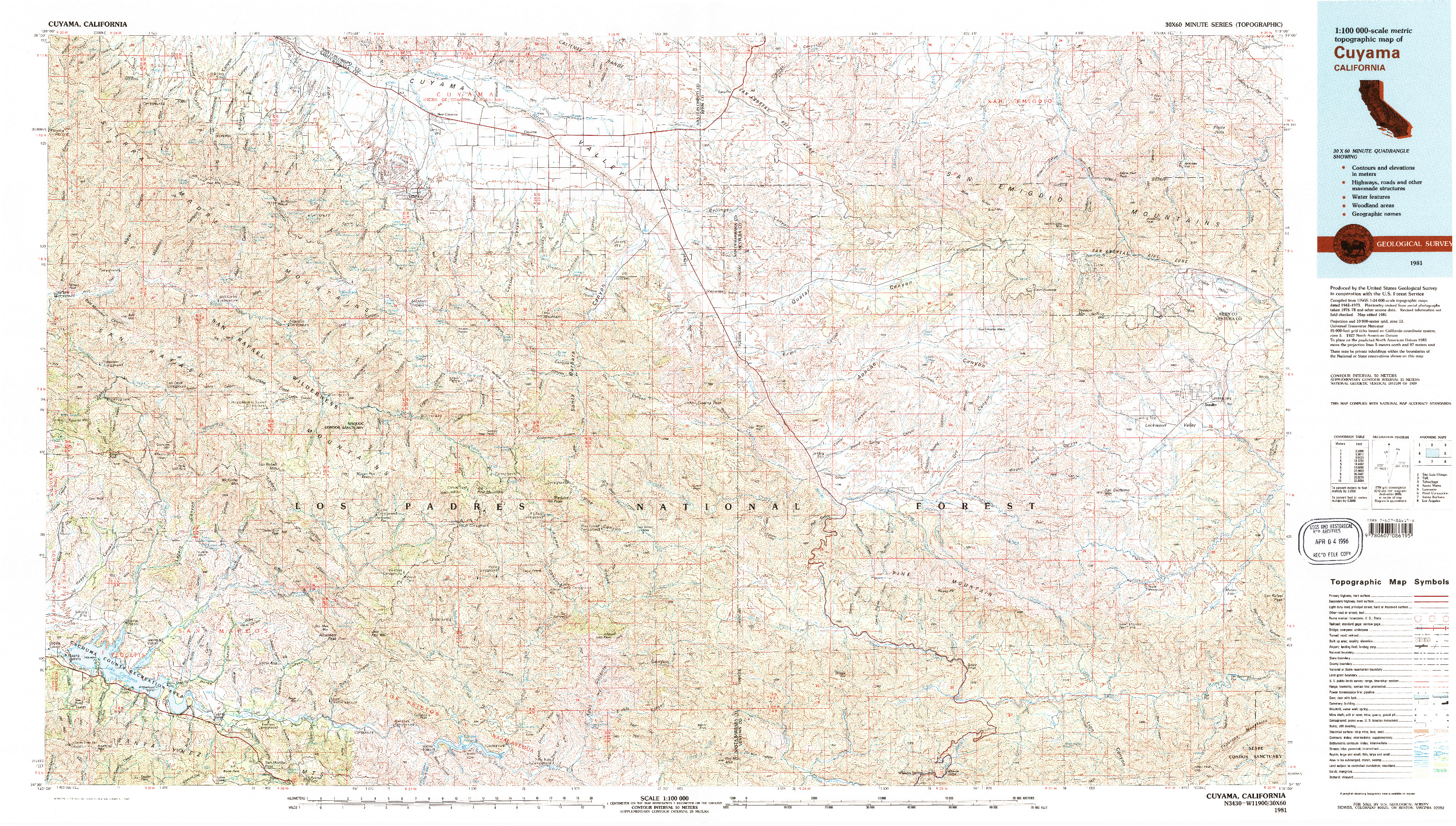 USGS 1:100000-SCALE QUADRANGLE FOR CUYAMA, CA 1981