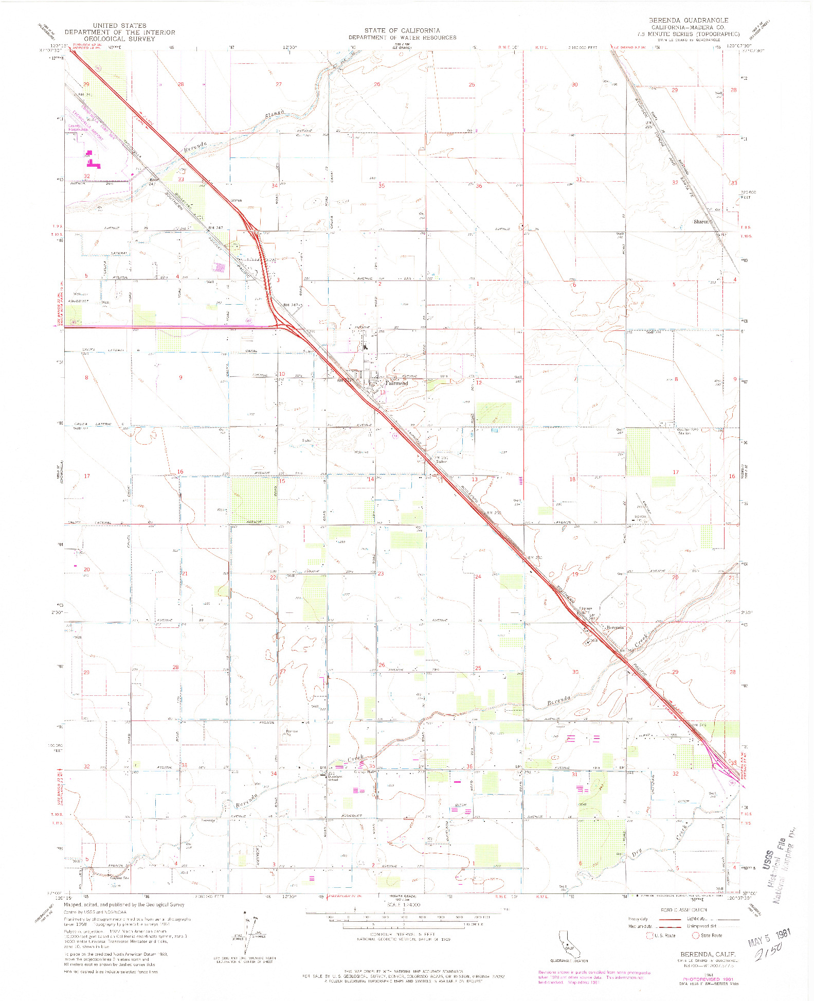 USGS 1:24000-SCALE QUADRANGLE FOR BERENDA, CA 1961