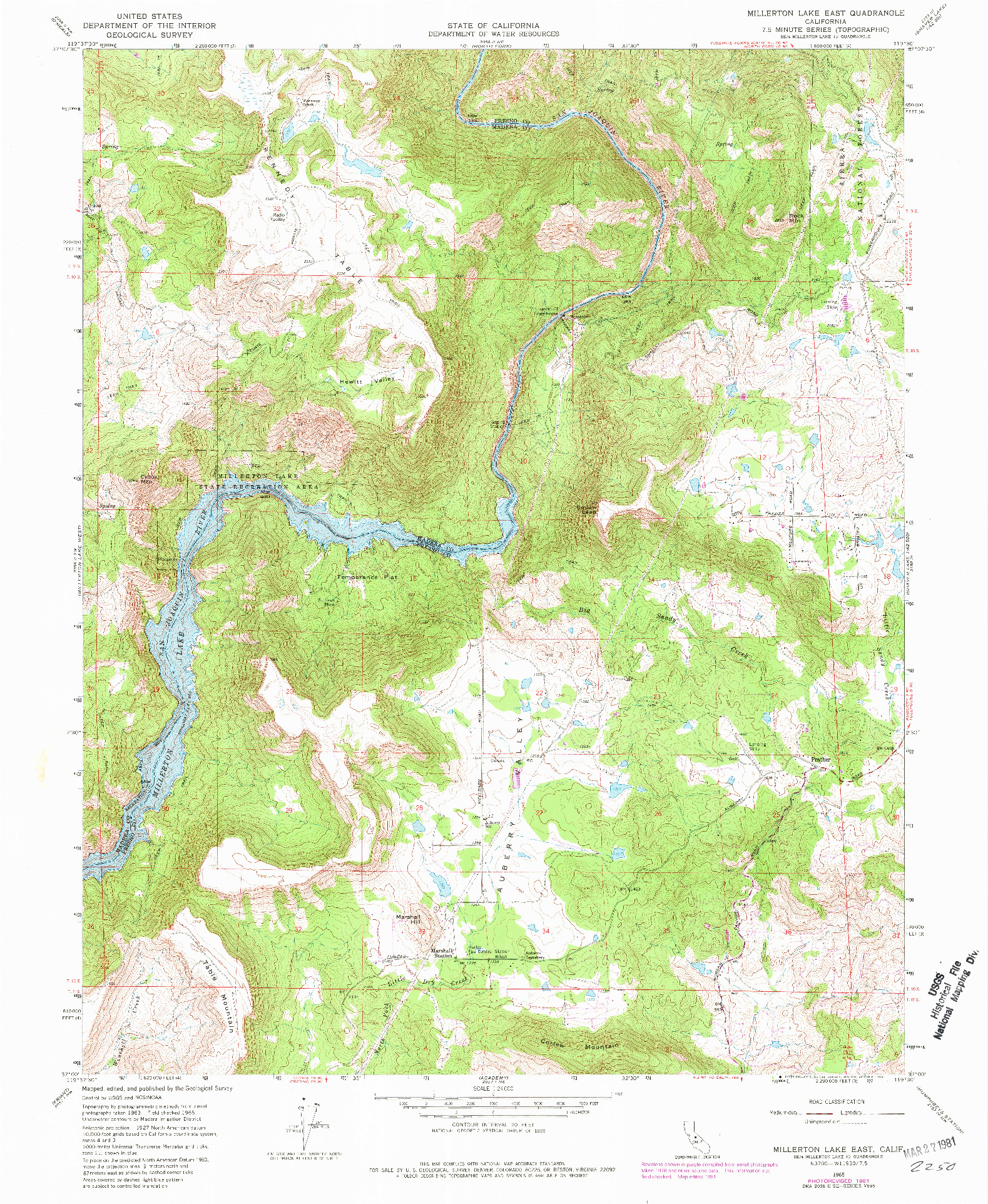 USGS 1:24000-SCALE QUADRANGLE FOR MILLERTON LAKE EAST, CA 1965