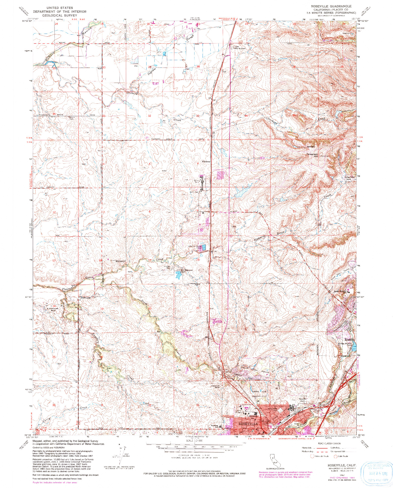 USGS 1:24000-SCALE QUADRANGLE FOR ROSEVILLE, CA 1967