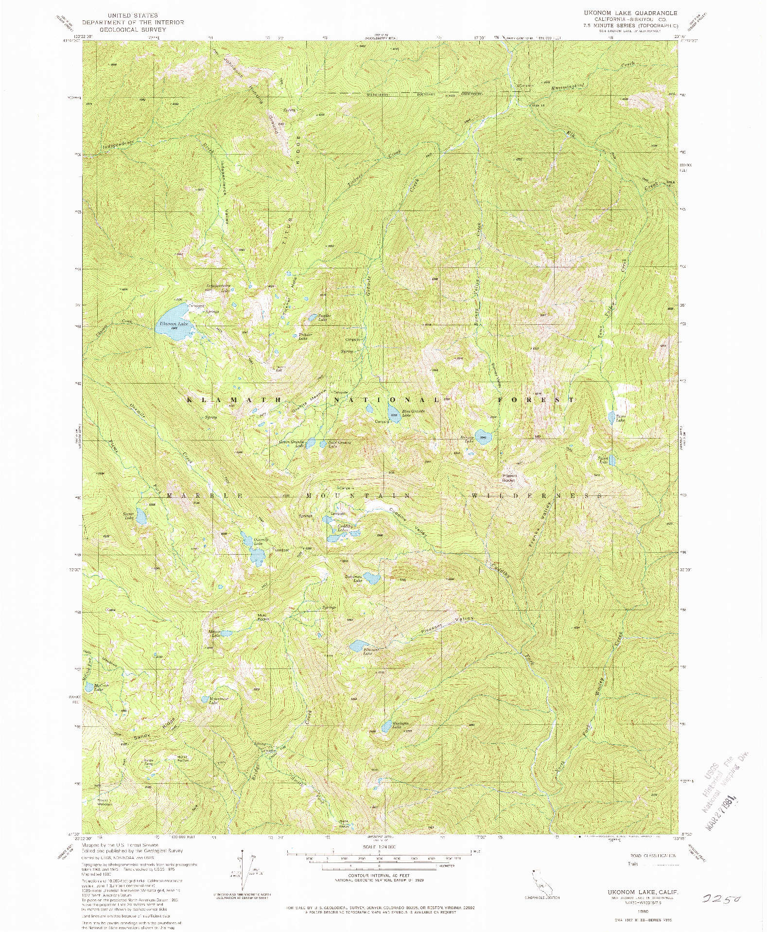 USGS 1:24000-SCALE QUADRANGLE FOR UKONOM LAKE, CA 1980