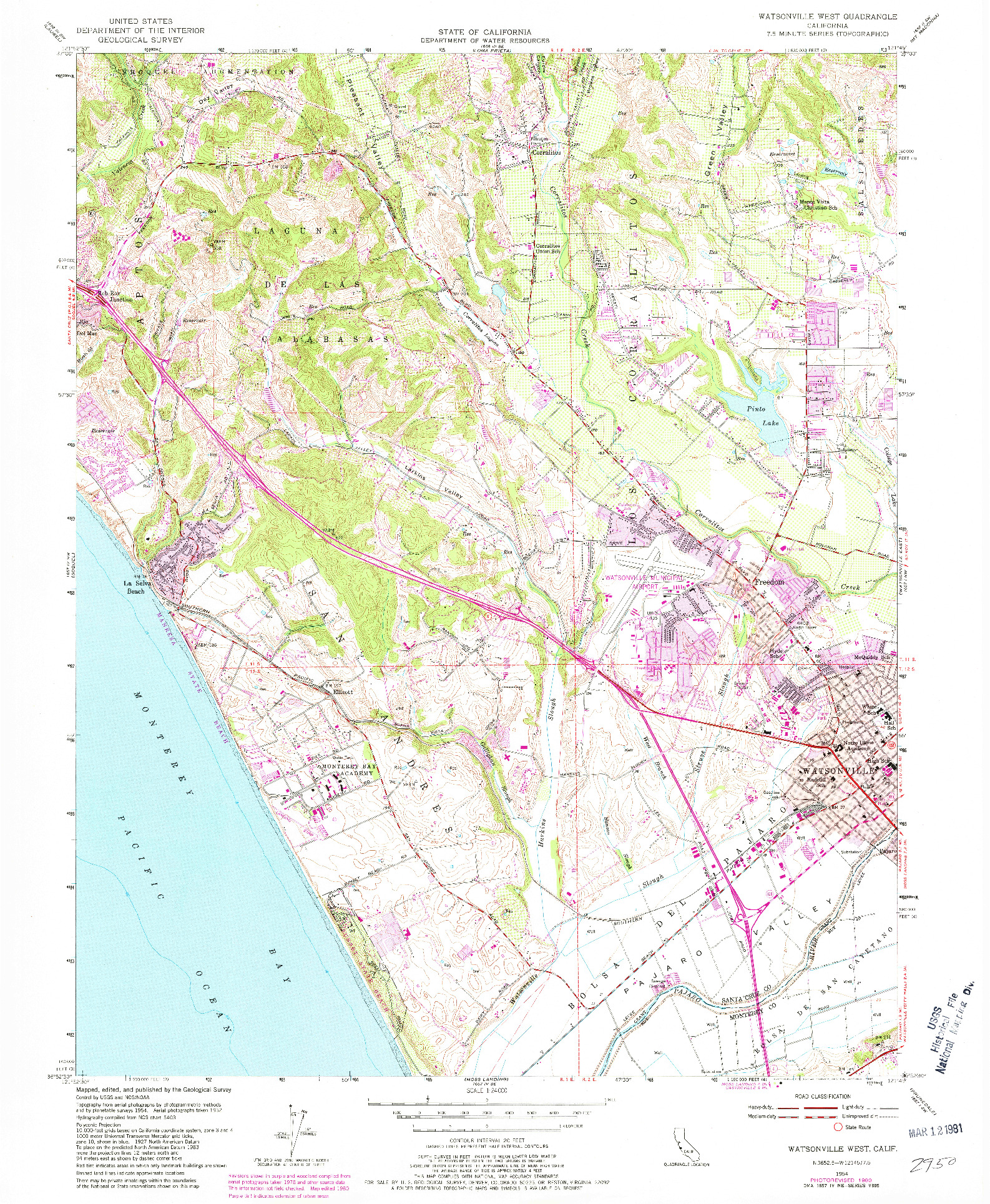 USGS 1:24000-SCALE QUADRANGLE FOR WATSONVILLE WEST, CA 1954