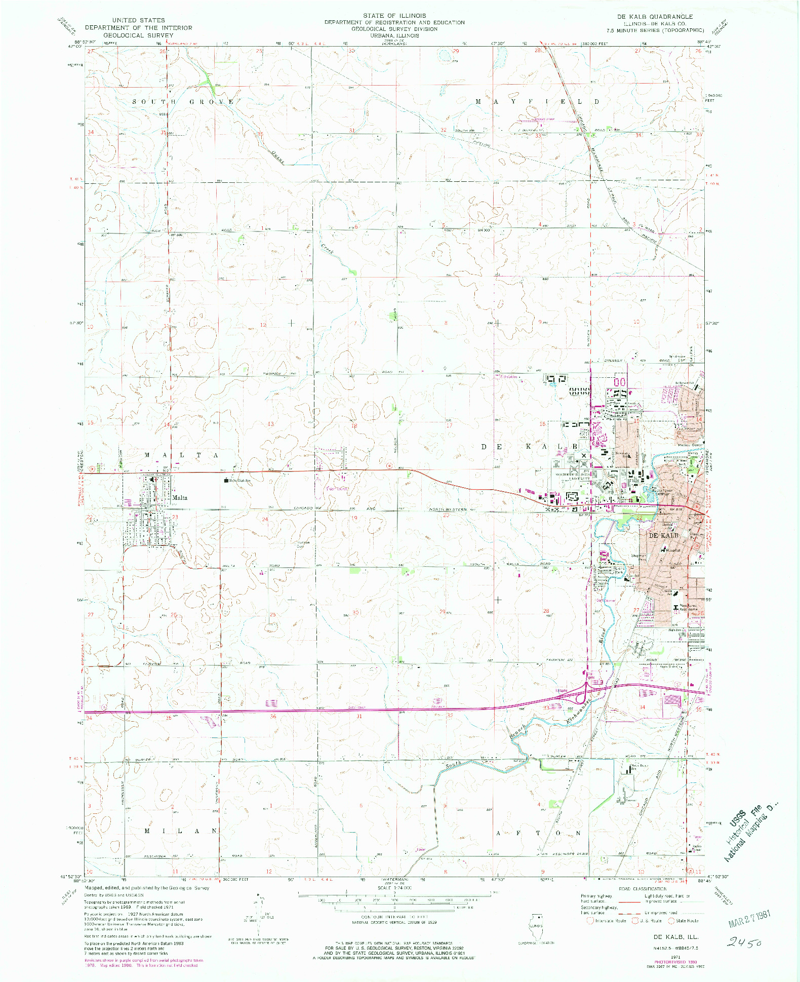USGS 1:24000-SCALE QUADRANGLE FOR DE KALB, IL 1971