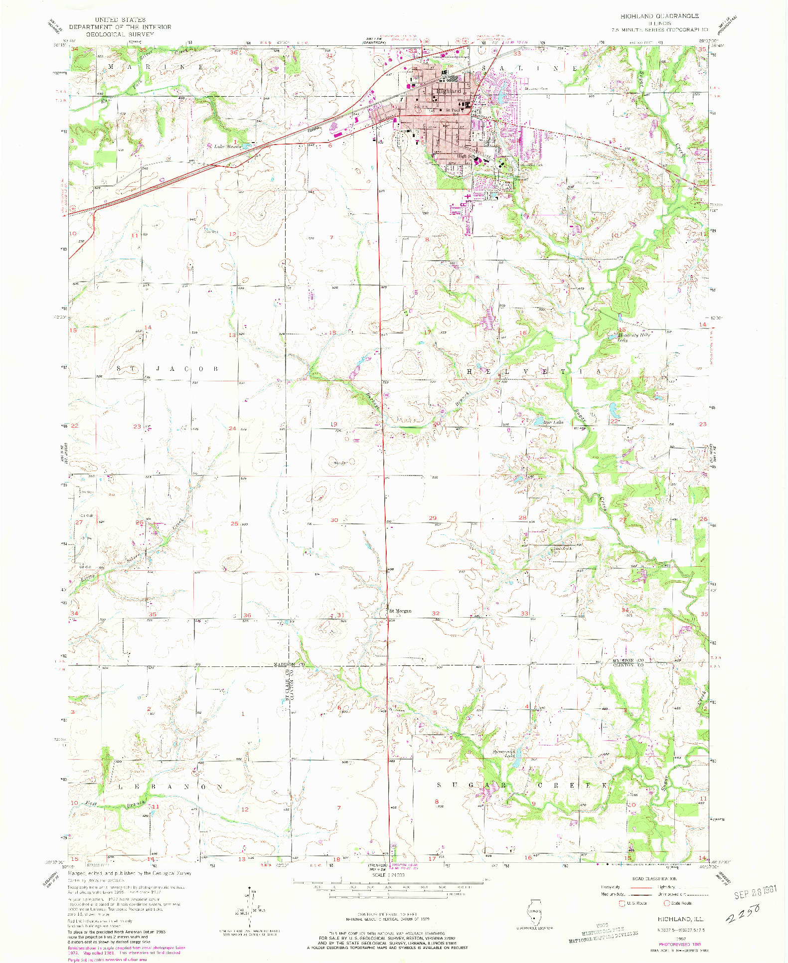 USGS 1:24000-SCALE QUADRANGLE FOR HIGHLAND, IL 1957