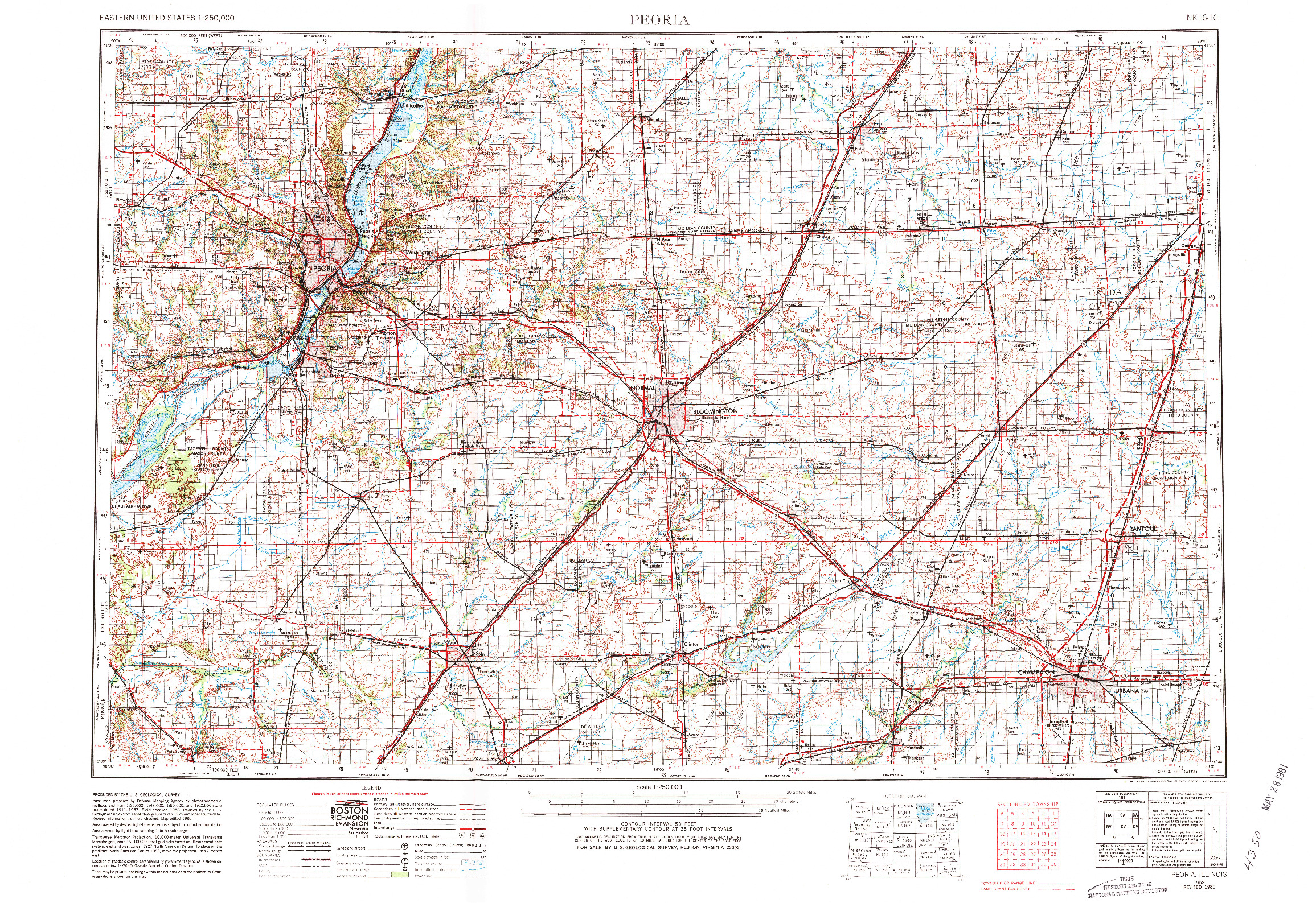 USGS 1:250000-SCALE QUADRANGLE FOR PEORIA, IL 1958