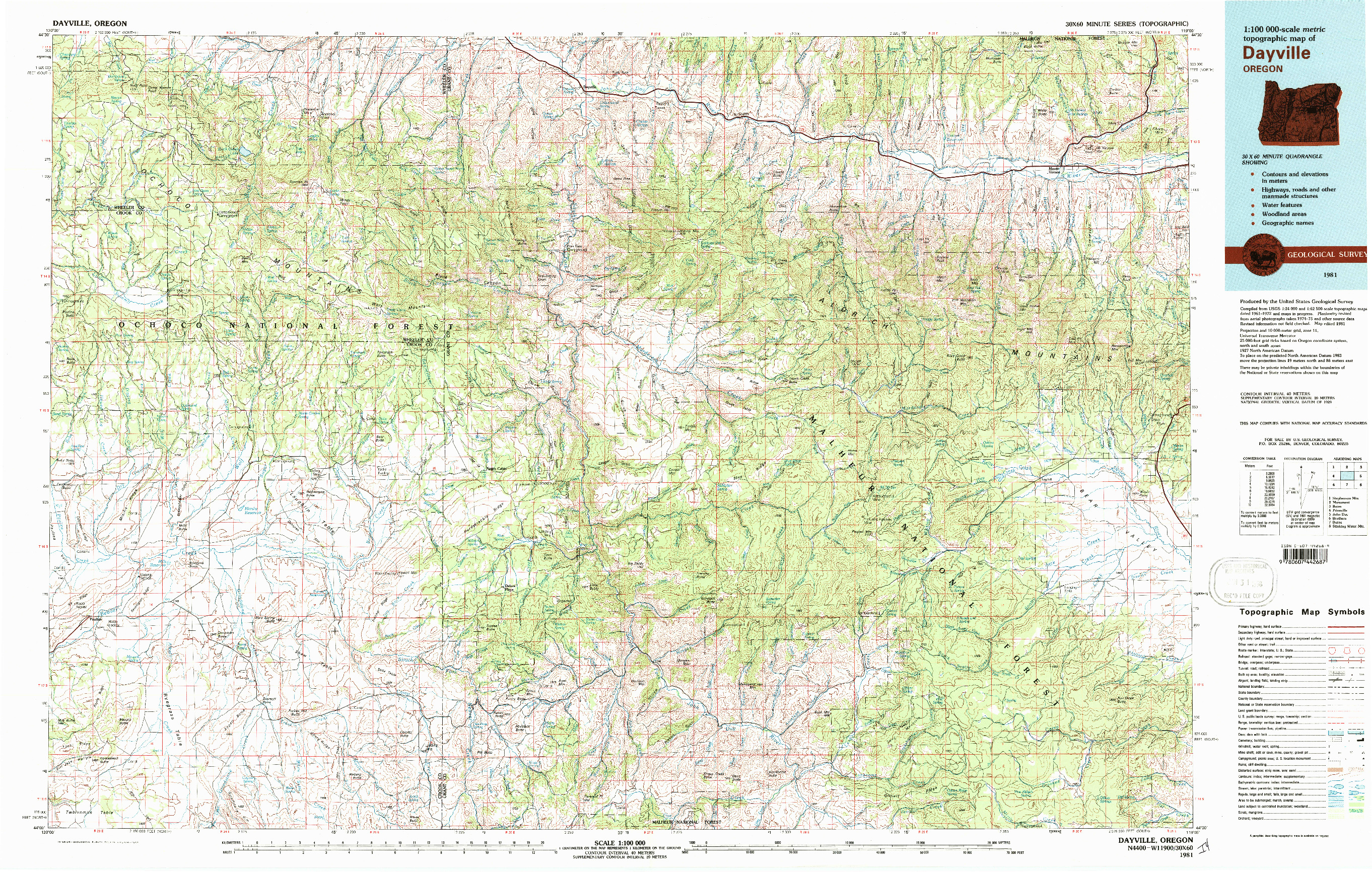 USGS 1:100000-SCALE QUADRANGLE FOR DAYVILLE, OR 1981