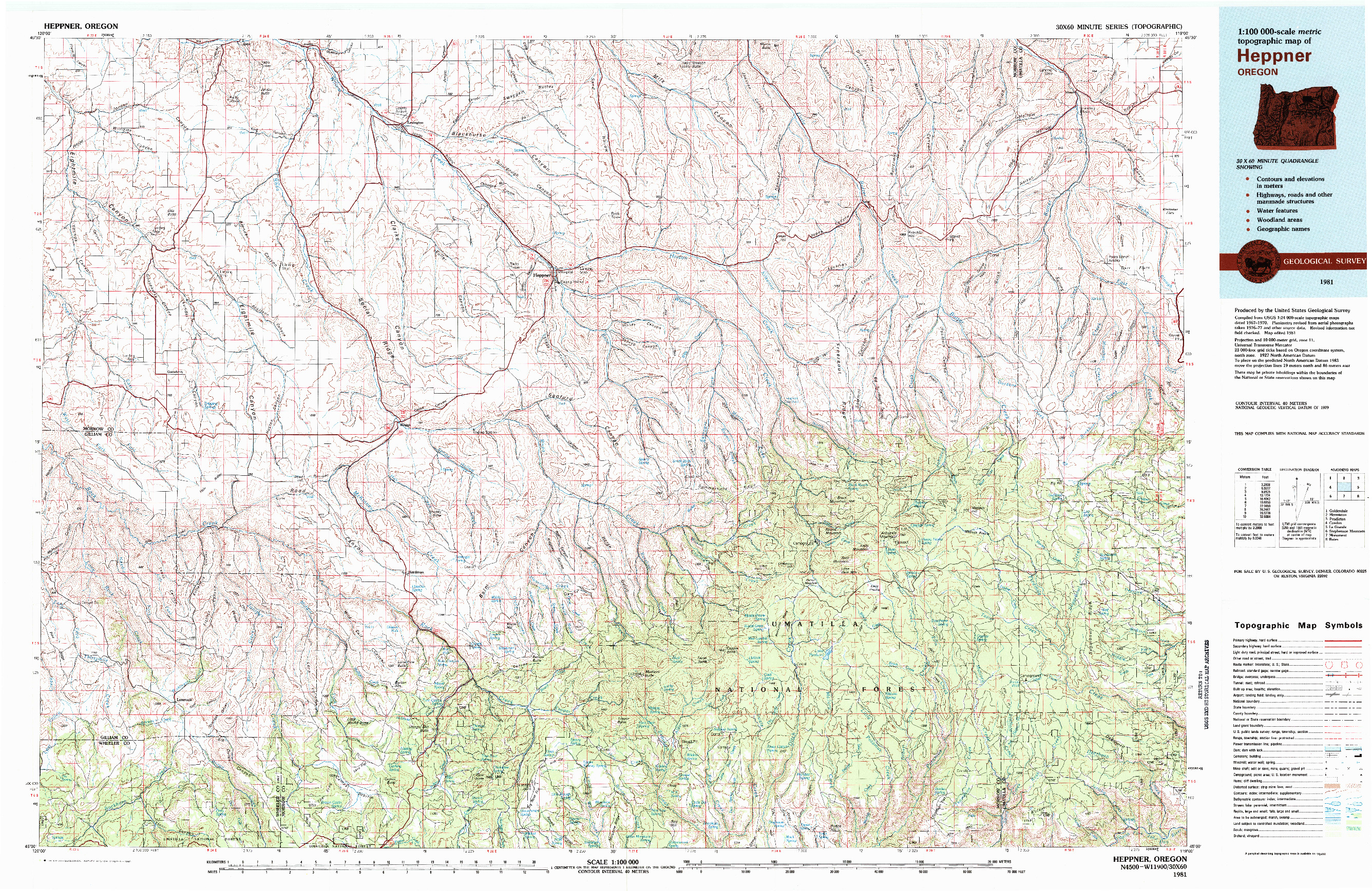 USGS 1:100000-SCALE QUADRANGLE FOR HEPPNER, OR 1981
